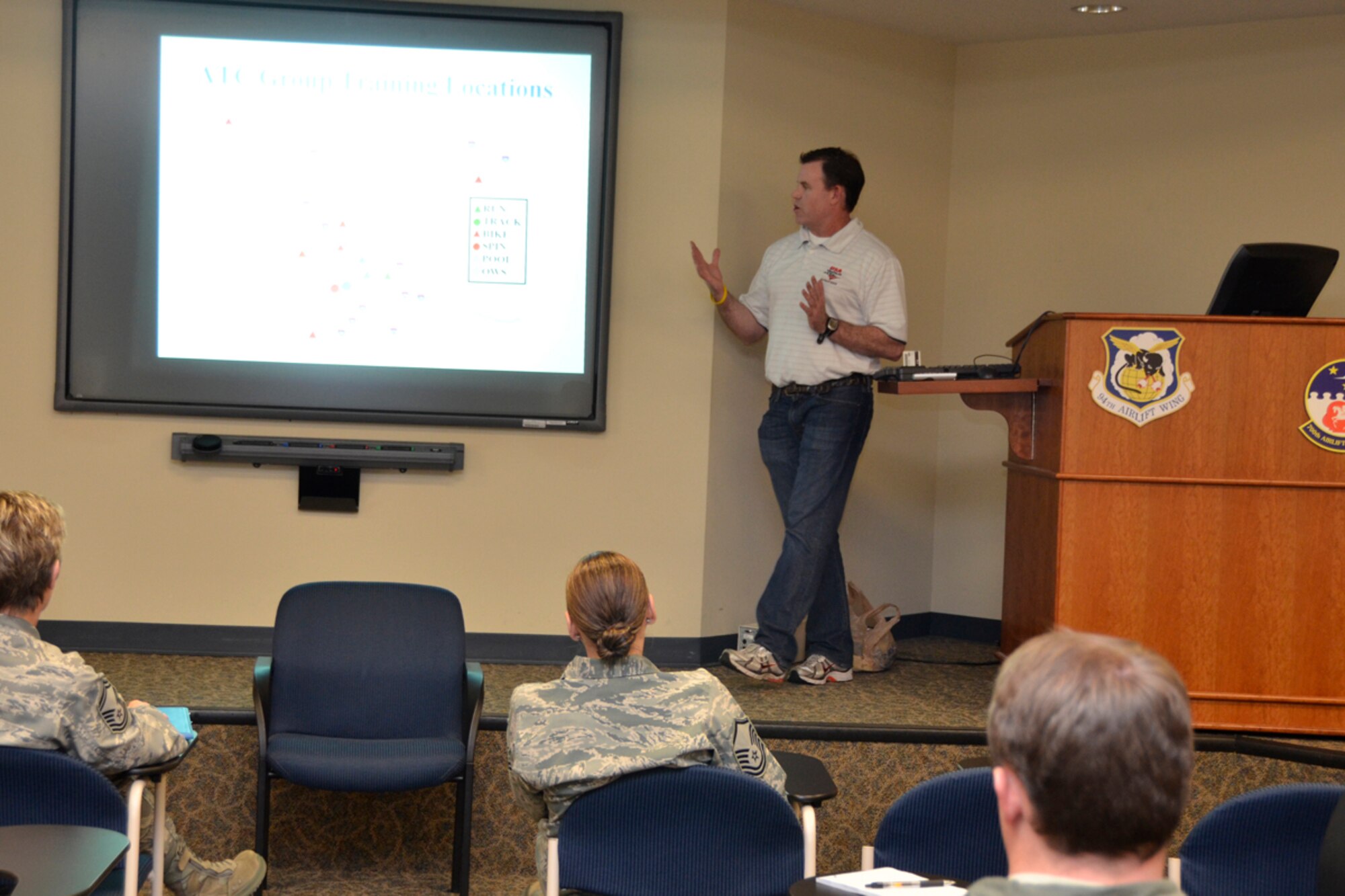 Jim Boylan, PhD, founder of Atlanta Triathlon Club and owner of Triathlon Coaching Services, LLC, attended the Dobbins Top 3 meeting March 3, at the 700th Airlift Squadron Auditorium. “Exercise is a way of life,” said Boylan. “Your fitness training should be a five-step process. Pick your target, set your goals, develop your training plan, follow that plan and track your progress.” (U.S. Air Force photo/Master Sgt. James Branch)