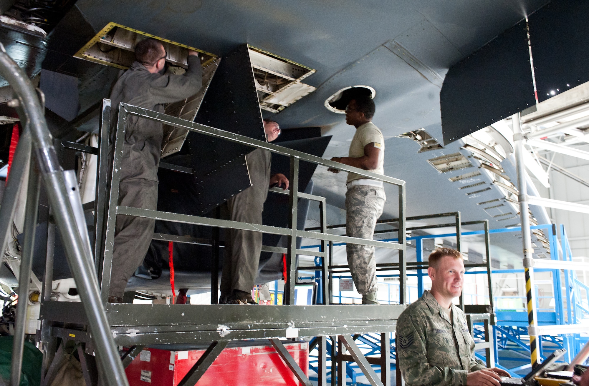 Airmen of the 28th Maintenance Squadron remove the flap slat torque tube limiters during an isochronal inspection at Ellsworth Air Force Base, S.D., April 10, 2012. B-1’s must undergo isochronal inspections every 900 calendar days to ensure the safety and readiness of aircraft. (U.S. Air Force photo by Airman 1st Class Alystria Maurer/Released) 