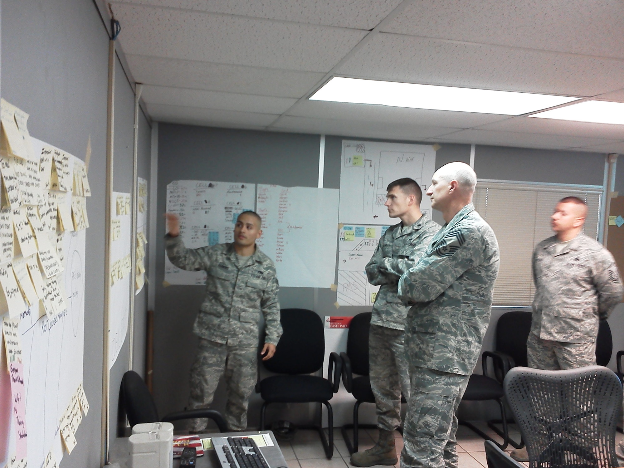 Senior Airman Thomas Harkins, 56th Equipment Maintenance Squadron Aerospace Ground Equipment journeyman, reviews the pick out, implement, challenging, kickoff chart with Lt. Col. Dominic Clementz, 56th EMS commander and event champion, along with Chief Master Sgt. Michael Hollingsworth, 56th EMS maintenance superintendant, as Master Sgt. Lee Hartwig, 756th Aircraft Maintenance Squadron commander support staff, looks on.  The PICK chart is a method of recording ideas that come out of brainstorming sessions to help determine which will be implemented.  (U.S. Air Force photo by Master Sgt. Douglas McGraw)