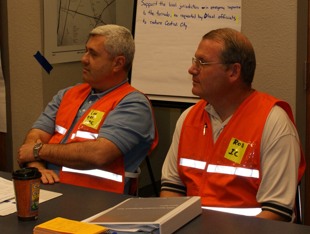 Assistant  Chief of Fire Prevention Rodney Ryalls, Sheppard Air Force Base, Texas, Fire Department, listens to a guest speaker during incident management training at the Wichita Falls Public Safety Training Center April 12, 2012.  Ryalls attended the training to become part of joint incident management team comprised of local and federal agencies across North Texas, ready to respond to any large scale disaster in the area. (U.S. Air Force photo/Dan Hawkins)