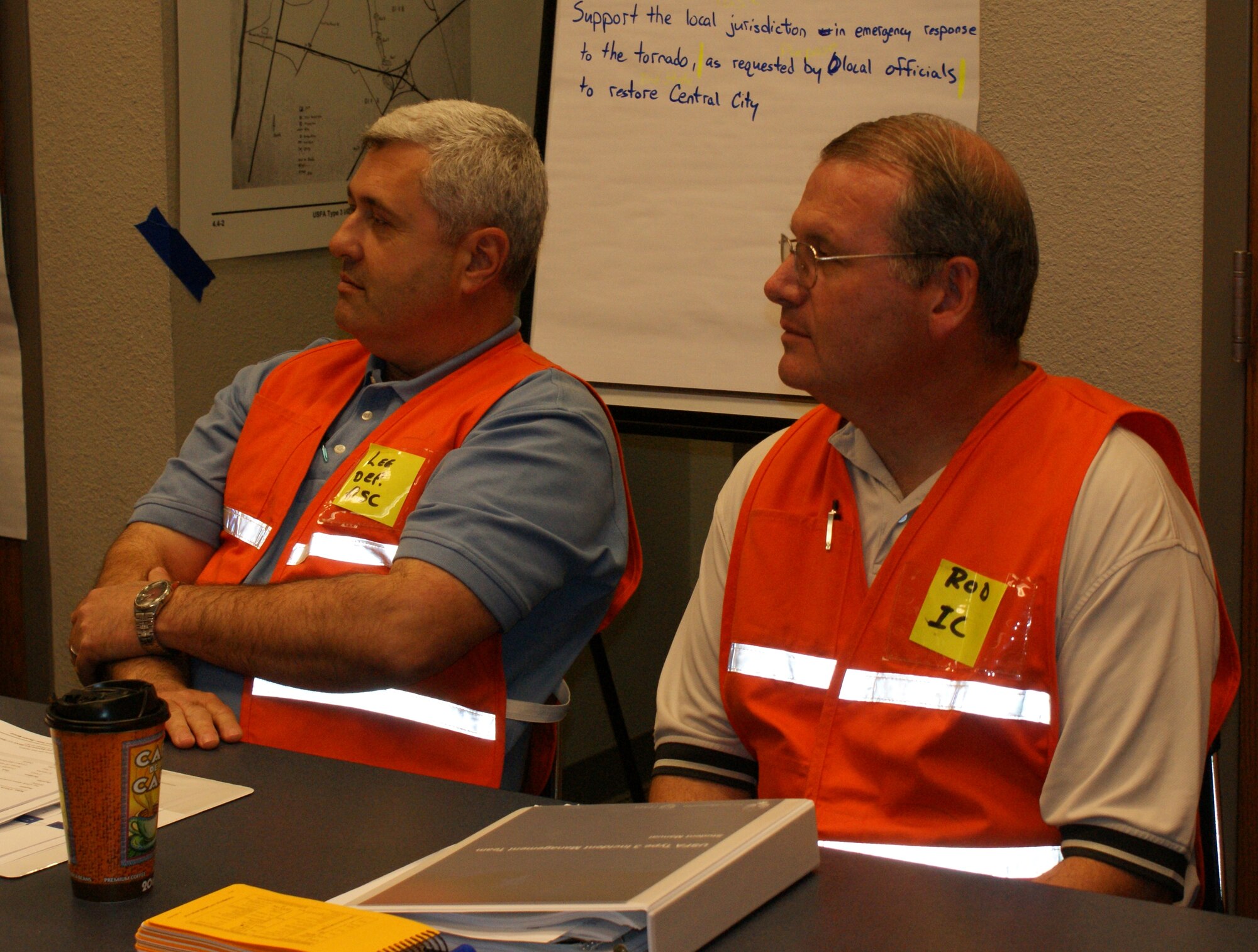 Assistant  Chief of Fire Prevention Rodney Ryalls, Sheppard Air Force Base, Texas, Fire Department, listens to a guest speaker during incident management training at the Wichita Falls Public Safety Training Center April 12, 2012.  Ryalls attended the training to become part of joint incident management team comprised of local and federal agencies across North Texas, ready to respond to any large scale disaster in the area. (U.S. Air Force photo/Dan Hawkins)