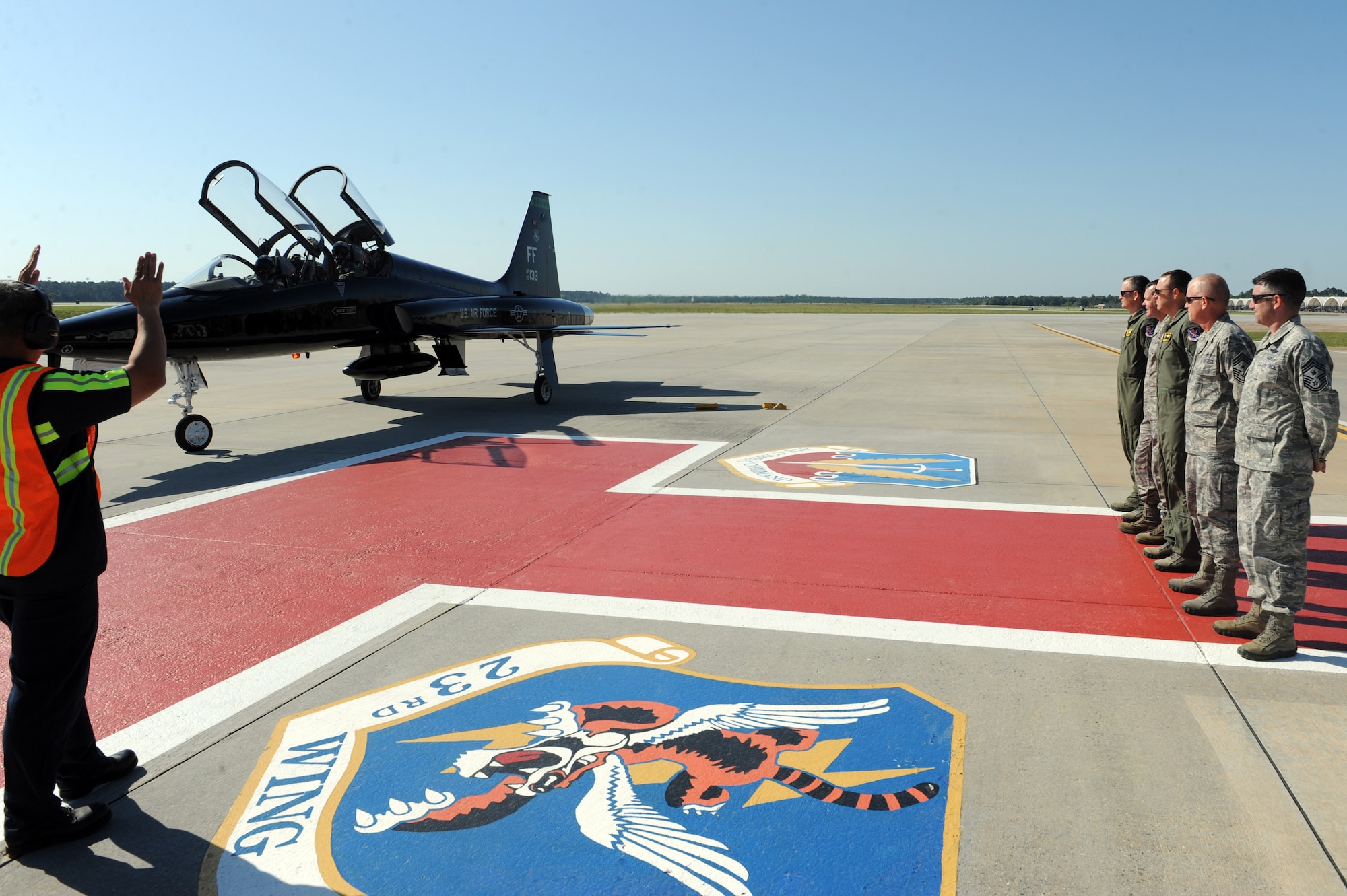 U.S. Air Force Maj. Gen Charles Lyon, Headquarters Air Combat Command director of operations, is greeted by 23d Wing and 93rd Air Ground Operations Wing leadership at Moody Air Force Base, Ga., April 12, 2012. Lyons visited to get a better understanding of Moody’s mission. (U.S. Air Force photo by Staff Sgt. Ciara Wymbs/Released)