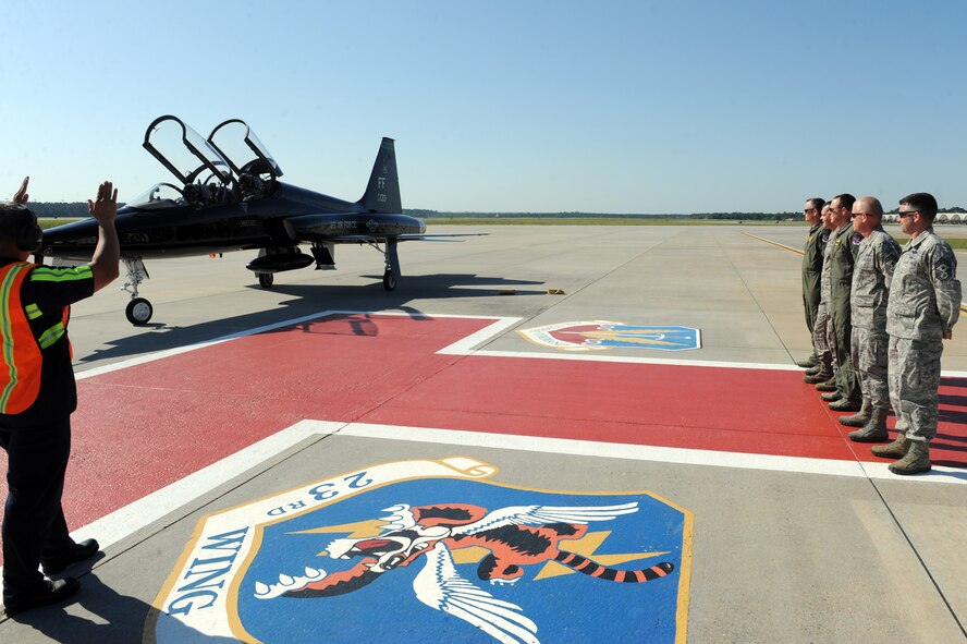 U.S. Air Force Maj. Gen Charles Lyon, Headquarters Air Combat Command director of operations, is greeted by 23d Wing and 93rd Air Ground Operations Wing leadership at Moody Air Force Base, Ga., April 12, 2012. Lyons visited to get a better understanding of Moody’s mission. (U.S. Air Force photo by Staff Sgt. Ciara Wymbs/Released)