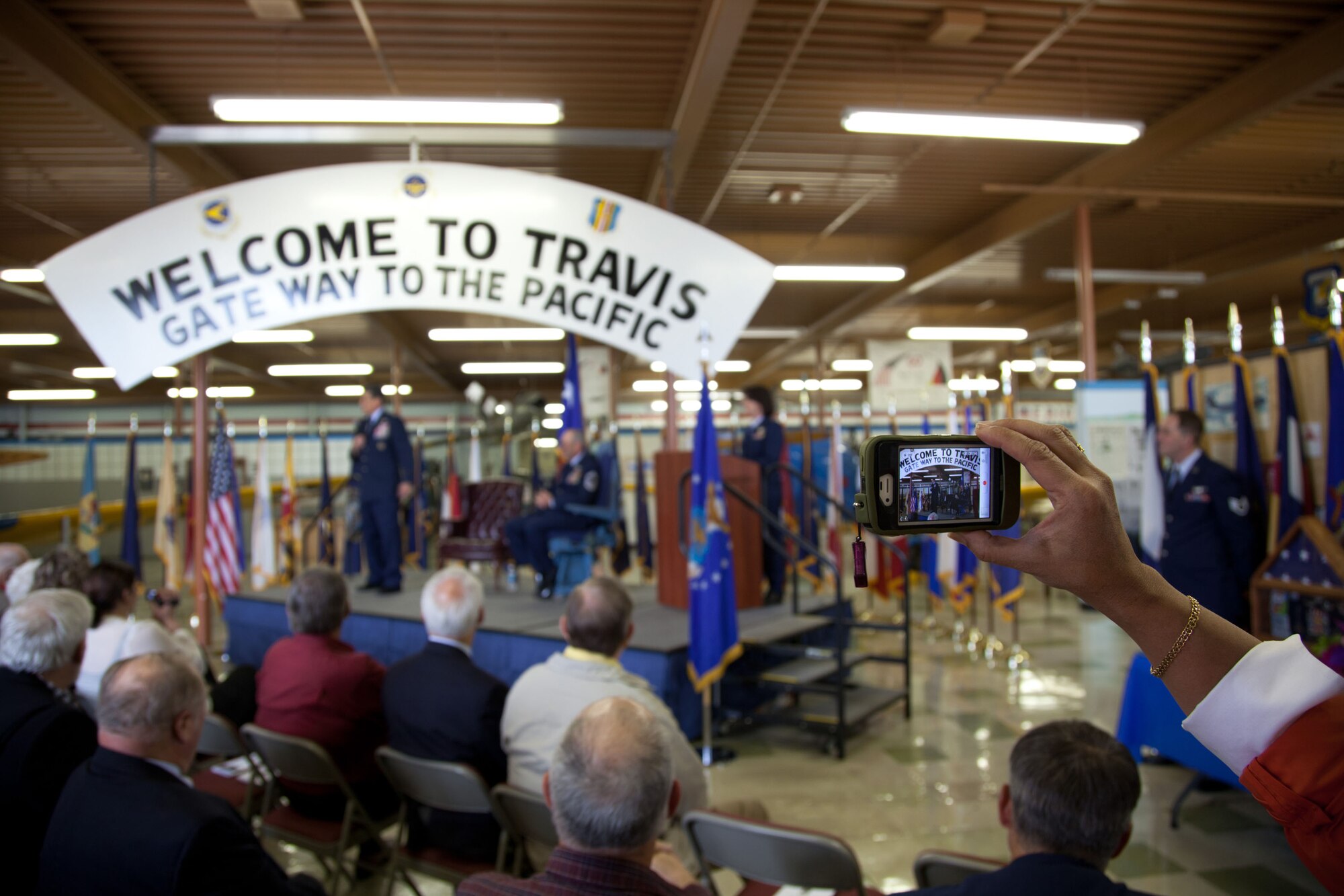 TRAVIS AIR FORCE BASE, Calif. -- Family and friends of Senior Master Sgt. David Raymond celebrate his 40 years of service in the U.S. Air Force Reserve at a retirement ceremony at Travis Air Force Base, Calif., April 11, 2012. Maj. Gen. Frank J. Padilla, Deputy Inspector General of the Air Force, presided over the ceremony honoring Raymond’s legacy as a C-5 Galaxy flight engineer with the 312th Airlift Squadron, 349th Air Mobility Wing.  Raymond began his military career as a C-141 loadmaster at Travis AFB during the Vietnam War. (U.S. Air Force photo / Lt. Col. Robert Couse-Baker)
