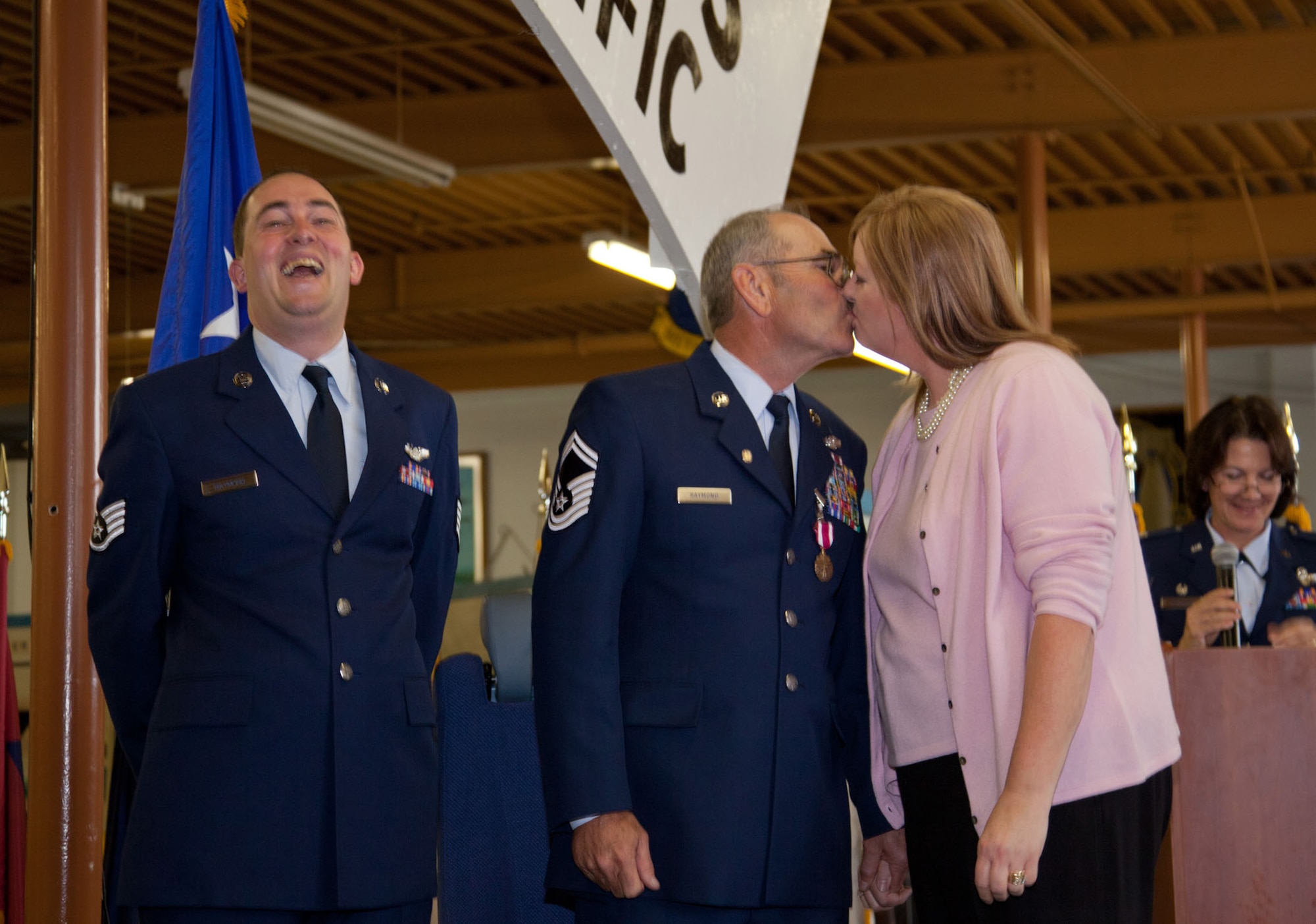 TRAVIS AIR FORCE BASE, Calif. -- Family and friends of Senior Master Sgt. David Raymond celebrate his 40 years of service in the U.S. Air Force Reserve at a retirement ceremony at Travis Air Force Base, Calif., April 11, 2012. Maj. Gen. Frank J. Padilla, Deputy Inspector General of the Air Force, presided over the ceremony honoring Raymond’s legacy as a C-5 Galaxy flight engineer with the 312th Airlift Squadron, 349th Air Mobility Wing.  Raymond began his military career as a C-141 loadmaster at Travis AFB during the Vietnam War. (U.S. Air Force photo / Lt. Col. Robert Couse-Baker)
