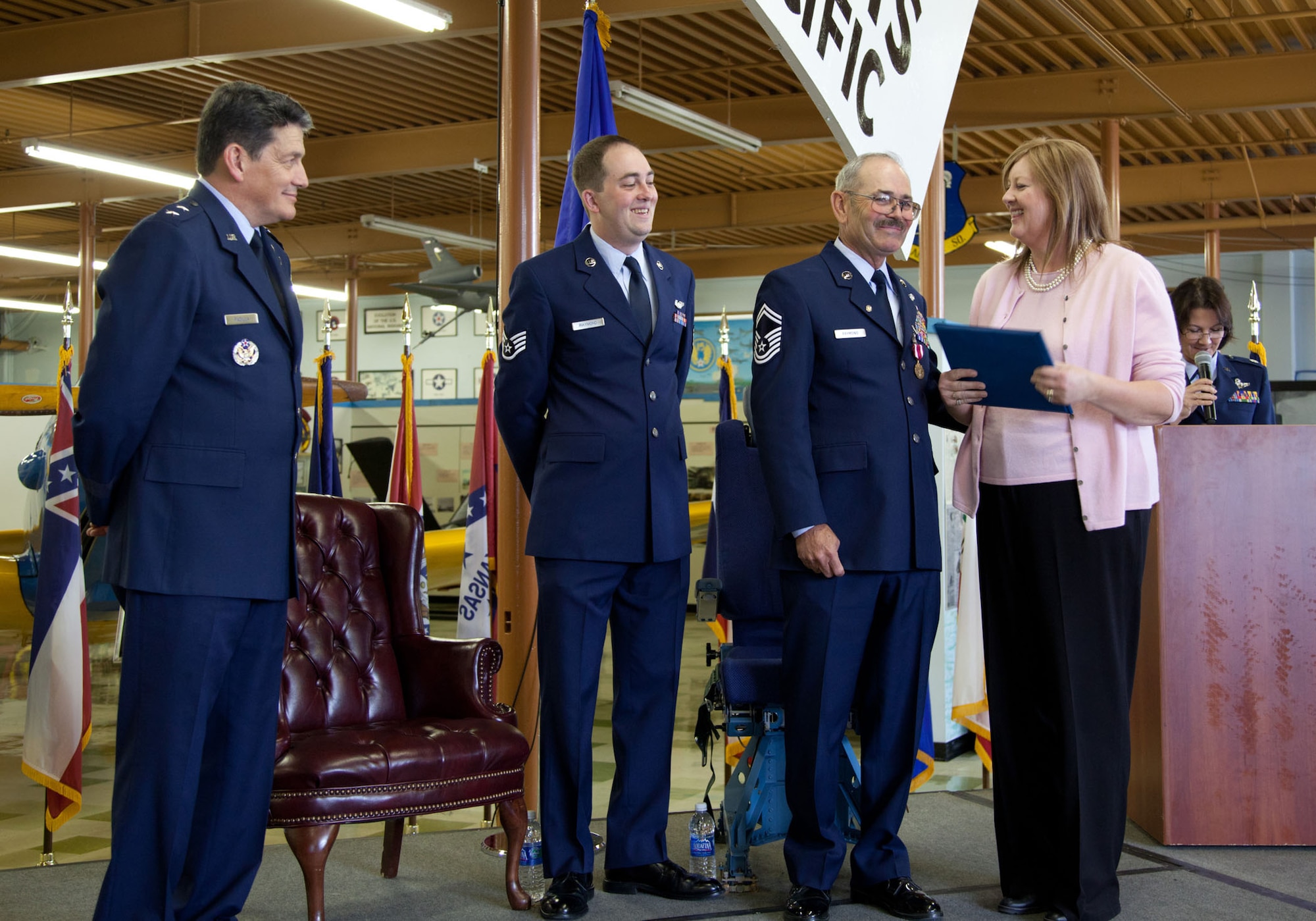 TRAVIS AIR FORCE BASE, Calif. -- Family and friends of Senior Master Sgt. David Raymond celebrate his 40 years of service in the U.S. Air Force Reserve at a retirement ceremony at Travis Air Force Base, Calif., April 11, 2012. Maj. Gen. Frank J. Padilla, Deputy Inspector General of the Air Force, presided over the ceremony honoring Raymond’s legacy as a C-5 Galaxy flight engineer with the 312th Airlift Squadron, 349th Air Mobility Wing.  Raymond began his military career as a C-141 loadmaster at Travis AFB during the Vietnam War. (U.S. Air Force photo / Lt. Col. Robert Couse-Baker)
