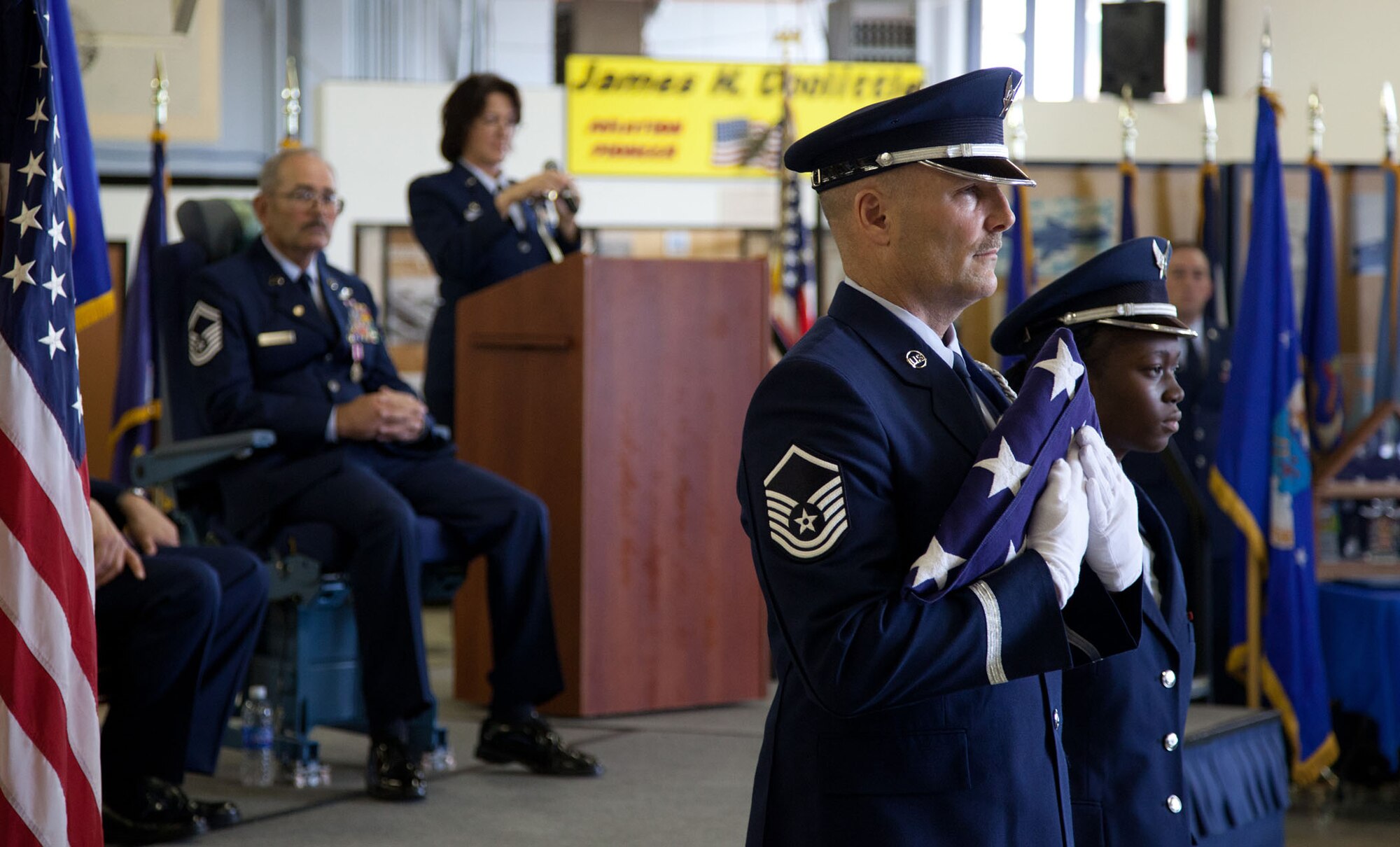 TRAVIS AIR FORCE BASE, Calif. -- Family and friends of Senior Master Sgt. David Raymond celebrate his 40 years of service in the U.S. Air Force Reserve at a retirement ceremony at Travis Air Force Base, Calif., April 11, 2012. Maj. Gen. Frank J. Padilla, Deputy Inspector General of the Air Force, presided over the ceremony honoring Raymond’s legacy as a C-5 Galaxy flight engineer with the 312th Airlift Squadron, 349th Air Mobility Wing.  Raymond began his military career as a C-141 loadmaster at Travis AFB during the Vietnam War. (U.S. Air Force photo / Lt. Col. Robert Couse-Baker)
