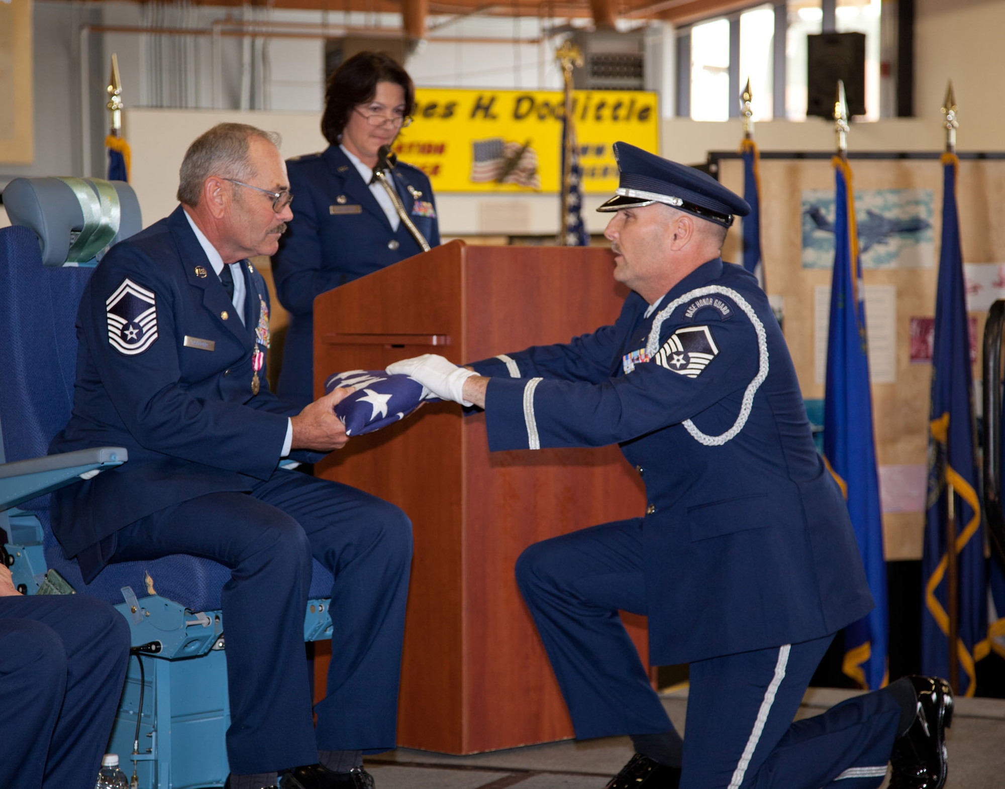 TRAVIS AIR FORCE BASE, Calif. -- Family and friends of Senior Master Sgt. David Raymond celebrate his 40 years of service in the U.S. Air Force Reserve at a retirement ceremony at Travis Air Force Base, Calif., April 11, 2012. Maj. Gen. Frank J. Padilla, Deputy Inspector General of the Air Force, presided over the ceremony honoring Raymond’s legacy as a C-5 Galaxy flight engineer with the 312th Airlift Squadron, 349th Air Mobility Wing.  Raymond began his military career as a C-141 loadmaster at Travis AFB during the Vietnam War. (U.S. Air Force photo / Lt. Col. Robert Couse-Baker)
