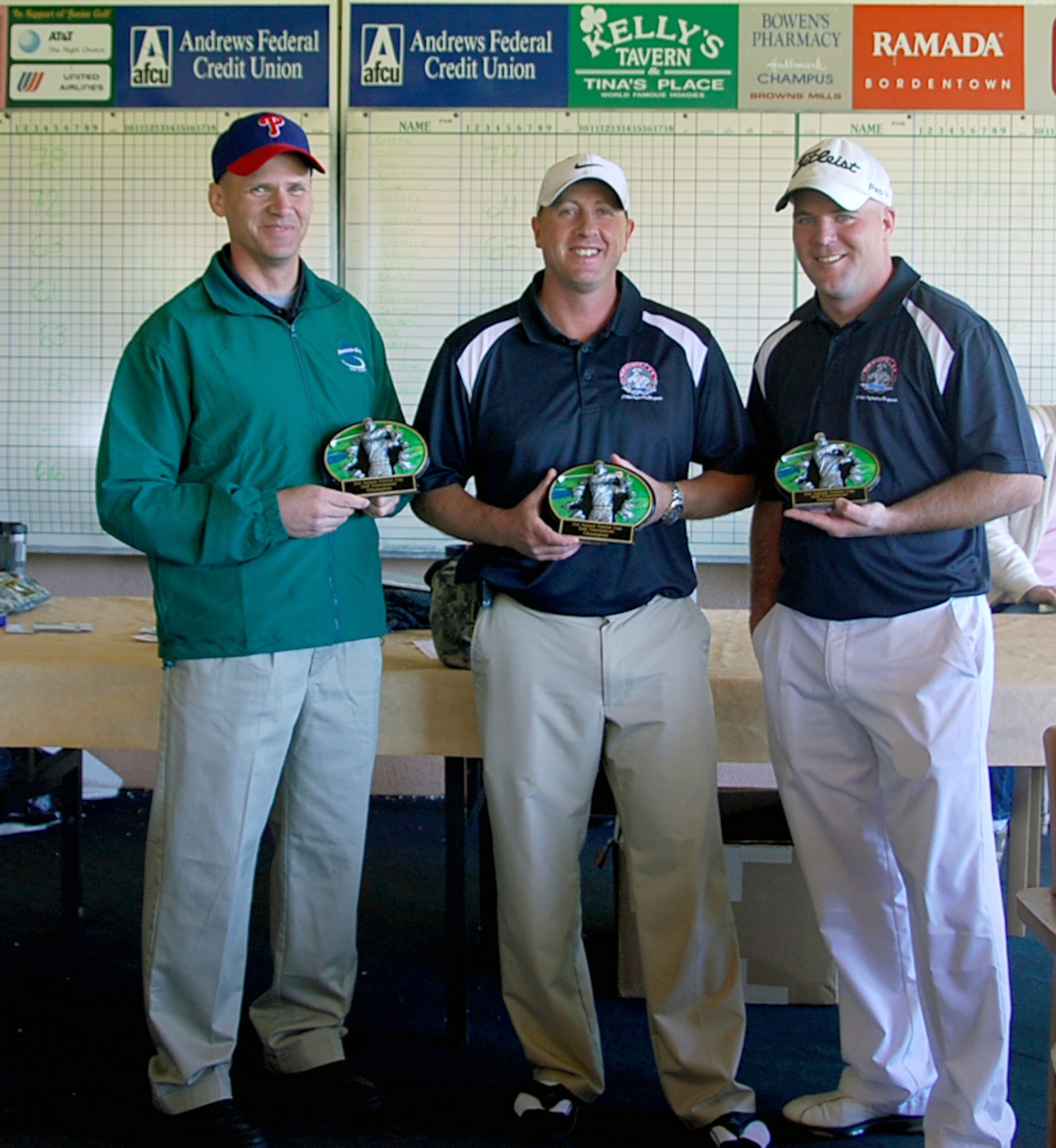 Soldiers and friends of the 174th Infantry Brigade stationed here competed for honors at the unit's Patriot Cup outing, April 6 at Fountain Green Golf Course. More than 80 participants teed off at 9 a.m., with a three-way tie for first place after 18 hole. Pictured above - Col. Craig A. Osbourne, 174th INF BDE, commander, Master Sgt. Jerry Shavrnoch, Harrisburg Recruiting and
Retention operations sergeant and Capt. Ryan Larsen, 174th INF BDE medical officer won the tie breaker. (U.S. Army courtesy photo/Released)