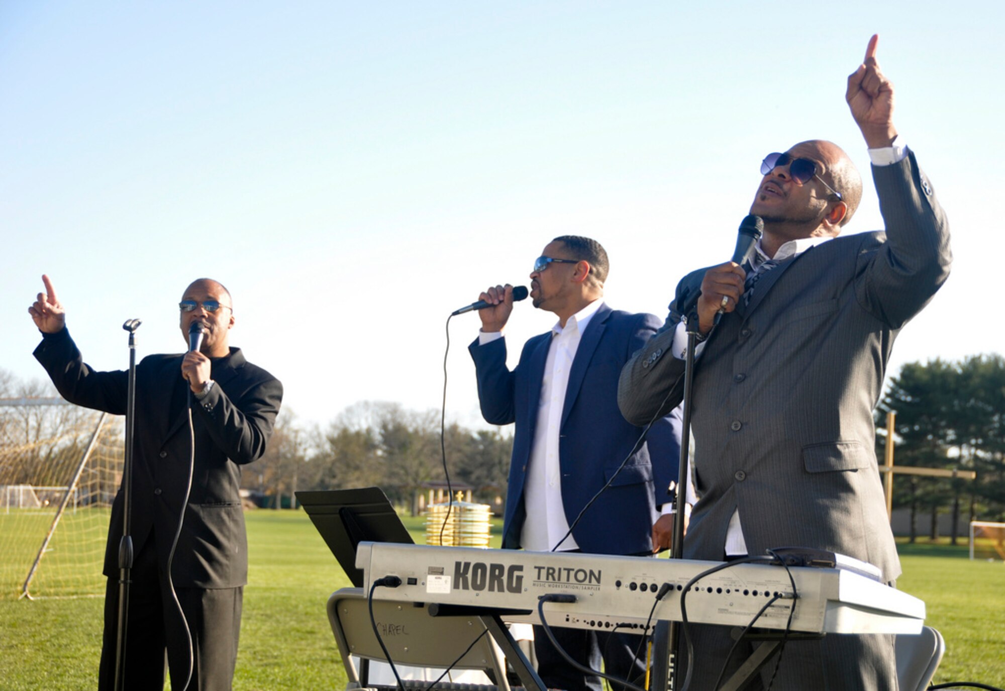 The band "The Anointed Sons" provided musical support during the Protestant Easter Sunrise Worship Service on Doughboy Field at Joint Base McGuire-Dix-Lakehurst April 8. The event, which celebrated the resurrection of Christ, was a joint effort between both Army and Air Force chaplains.
(U.S. Air Force photo by 2nd Lt. David J. Murphy/Released)