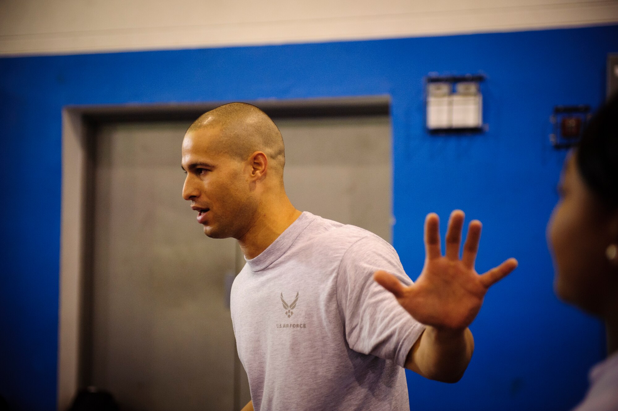 SOUTHWEST ASIA – Tech. Sgt. Ivan Abudo, 379th Expeditionary Communications Squadron, teaches a self defense class to attendees here April 12, 2012. The self defense class was held as a part of Sexual Assault Awareness Month. (U.S. Air Force photo/Staff Sgt. Nathanael Callon)