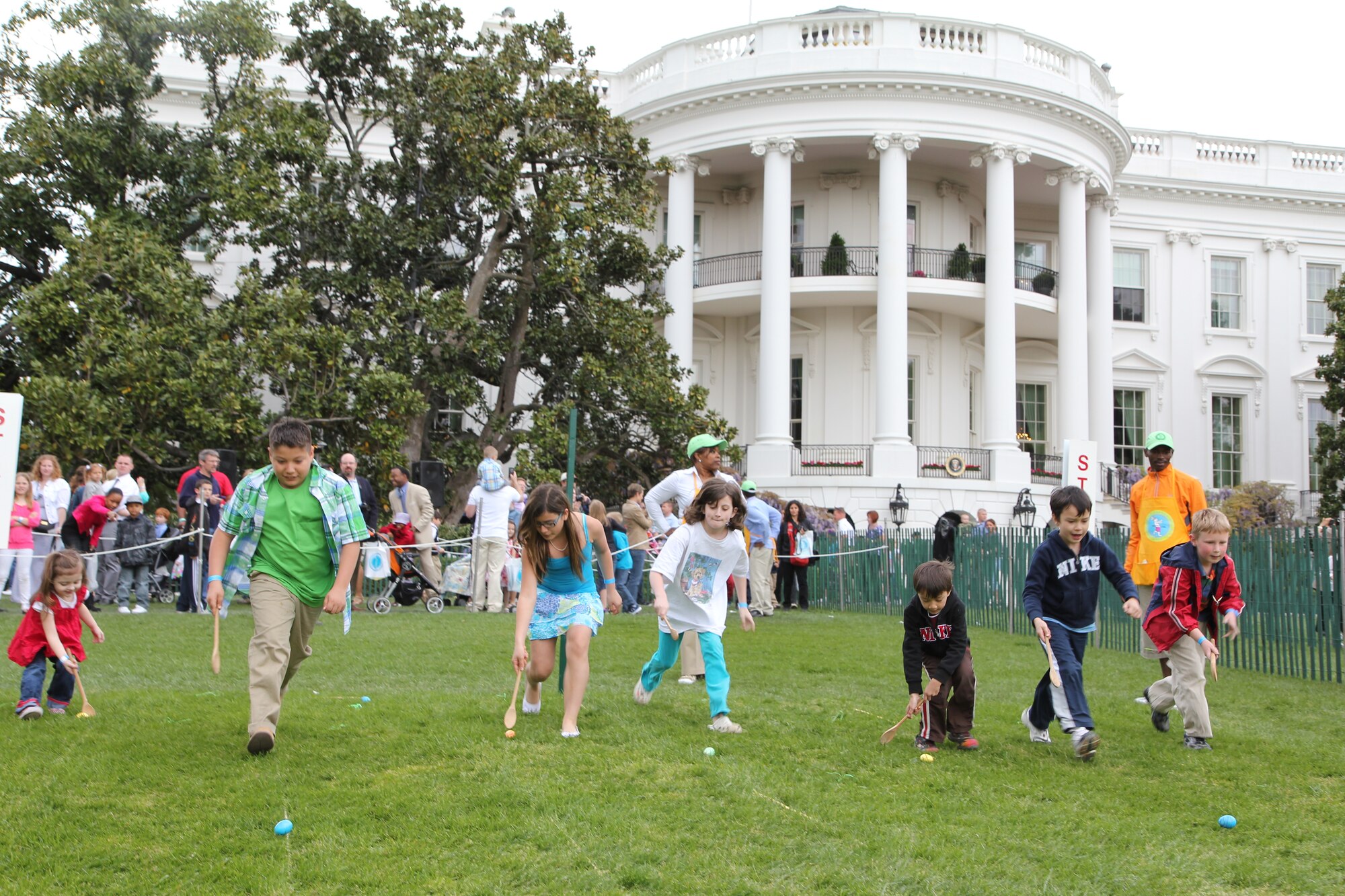 Trey and Lydia Pedro, children of Master Sergeants Don and Leida Pedro, participate in the 134th annual Easter Egg Roll April 9, at the South Lawn of the White House. The Easter Egg Roll is the longest held annual presidential tradition, started by President Rutherford B. Hayes in 1878. (U.S Air Force Photo by Master Sgt. Don Pedro/Released)