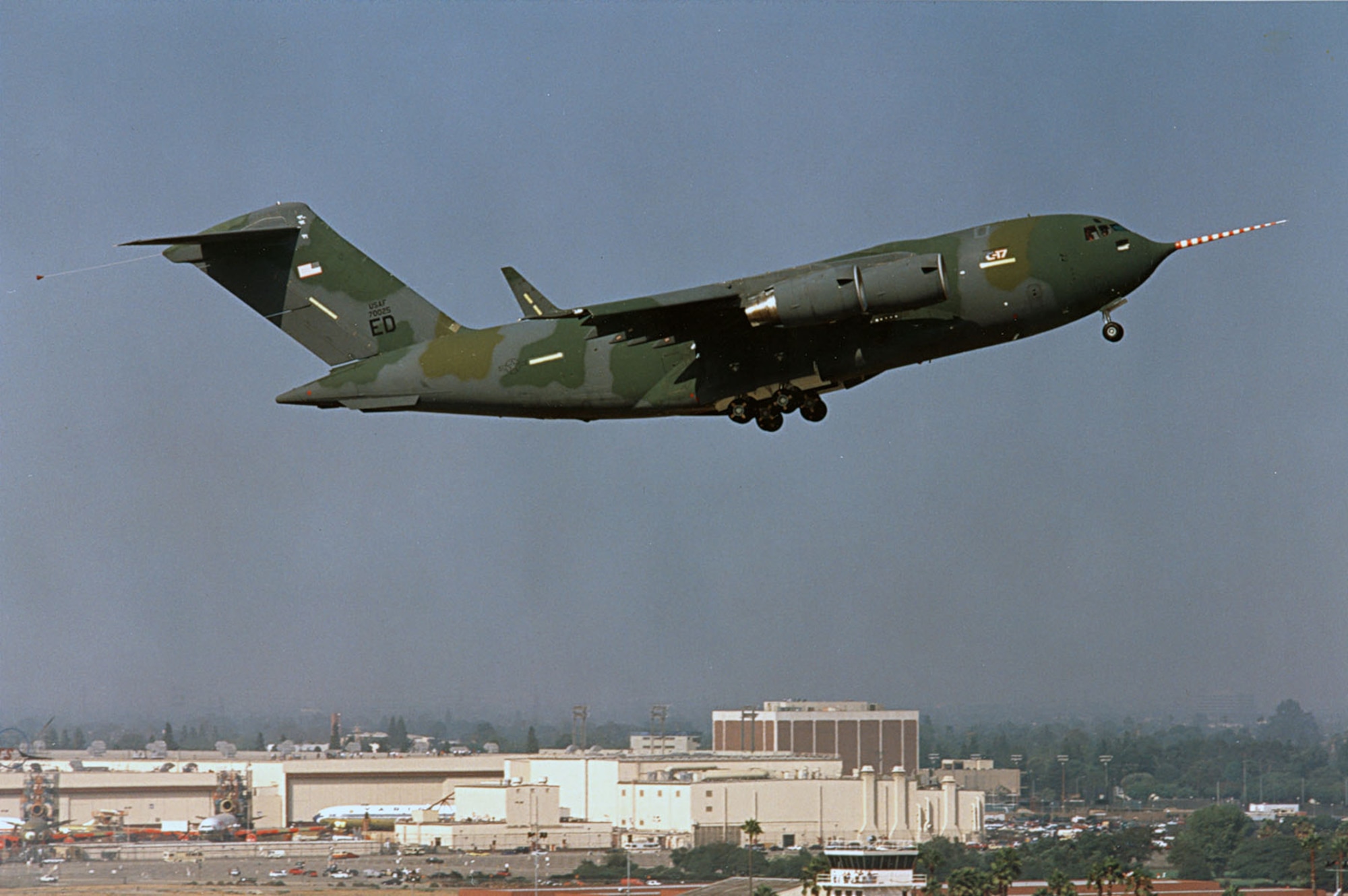 The C-17 Globemaster III T-1 takes off from Long Beach, Calif., on Sept. 15, 1991. (Photo courtesy of Boeing)
