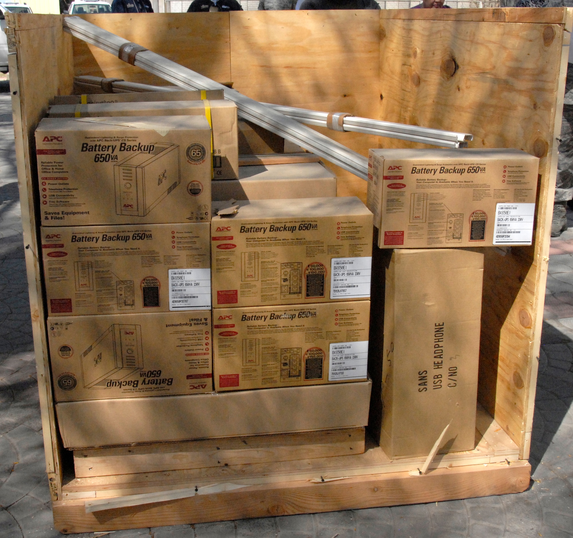 A crate containing equipment for an English language lab waits to be unloaded at Manas International Airport, Kyrgyzstan, April 11, 2012. The delivery included 10 student computer systems that will link together with one instructor computer. (U.S. Air Force photo/Senior Airman Lynsie Nichols)