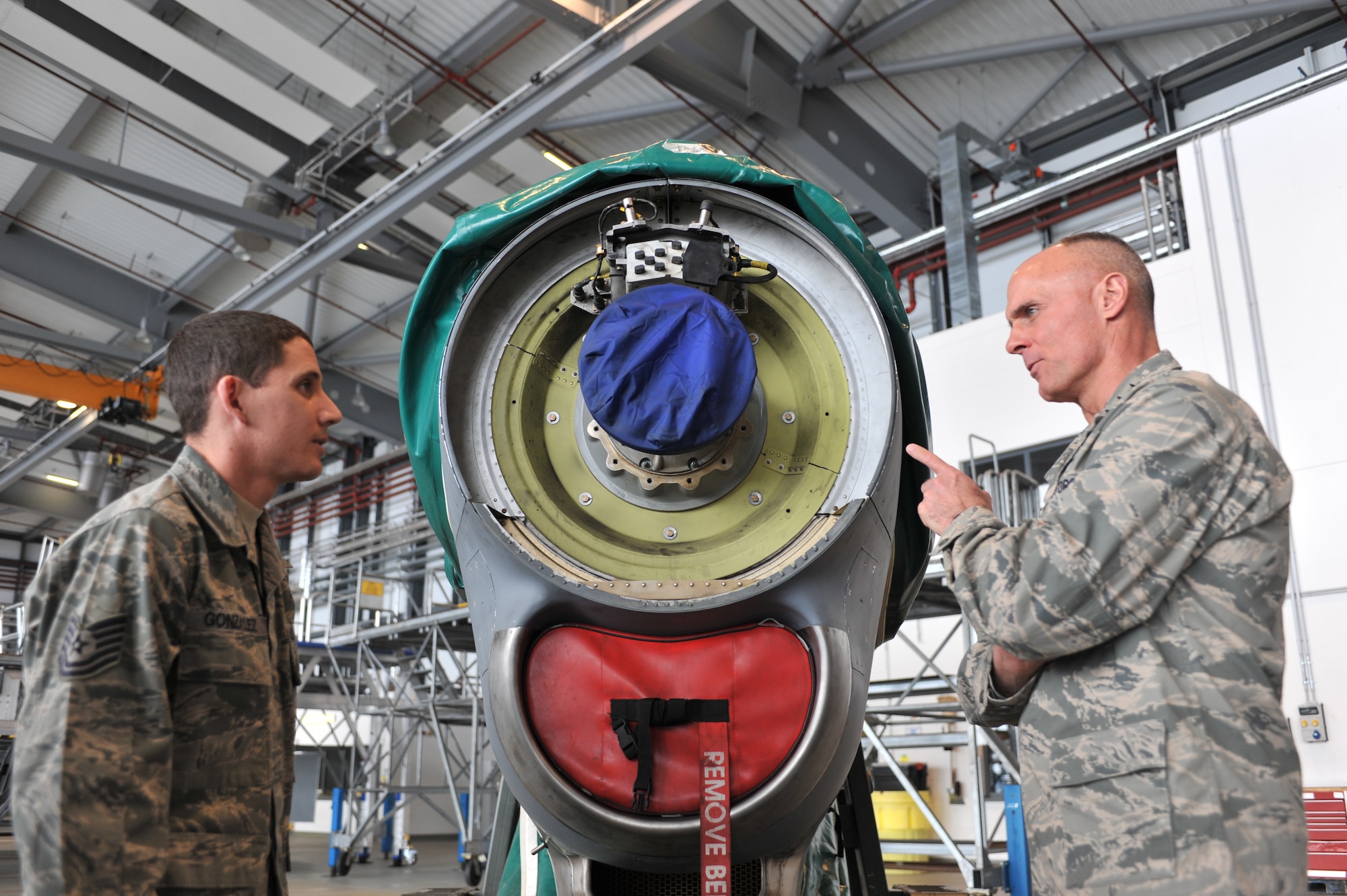 Lt. Gen. Craig Franklin, 3rd Air Force commander, is briefed on the specifics of the Maintenance Squadron by Tech. Sgt. Ramiro Gonzalez, 86th Aircraft Maintenance Squadron, on Ramstein Air Base, Germany, April 11, 2012. This visit gave Franklin the opportunity to see firsthand the various capabilities each unit brings to the fight.  The immersion marked the first official visit since he assumed command March 30. (U.S. Air Force photo/ Airman 1st Class Caitlin O'Neil-McKeown)