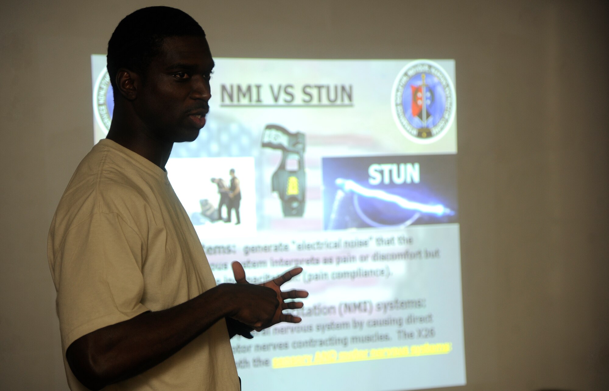 Staff Sgt. Jermaine Morrow, 8th Security Forces Squadron response force leader, instructs a Taser training class at Kunsan Air Force Base, Republic of Korea, April 4, 2012. Tasers are useful tools to have for security forces personnel because of the nonlethal capability they provide. (U.S. Air Force photo/Staff Sgt. Rasheen A. Douglas)