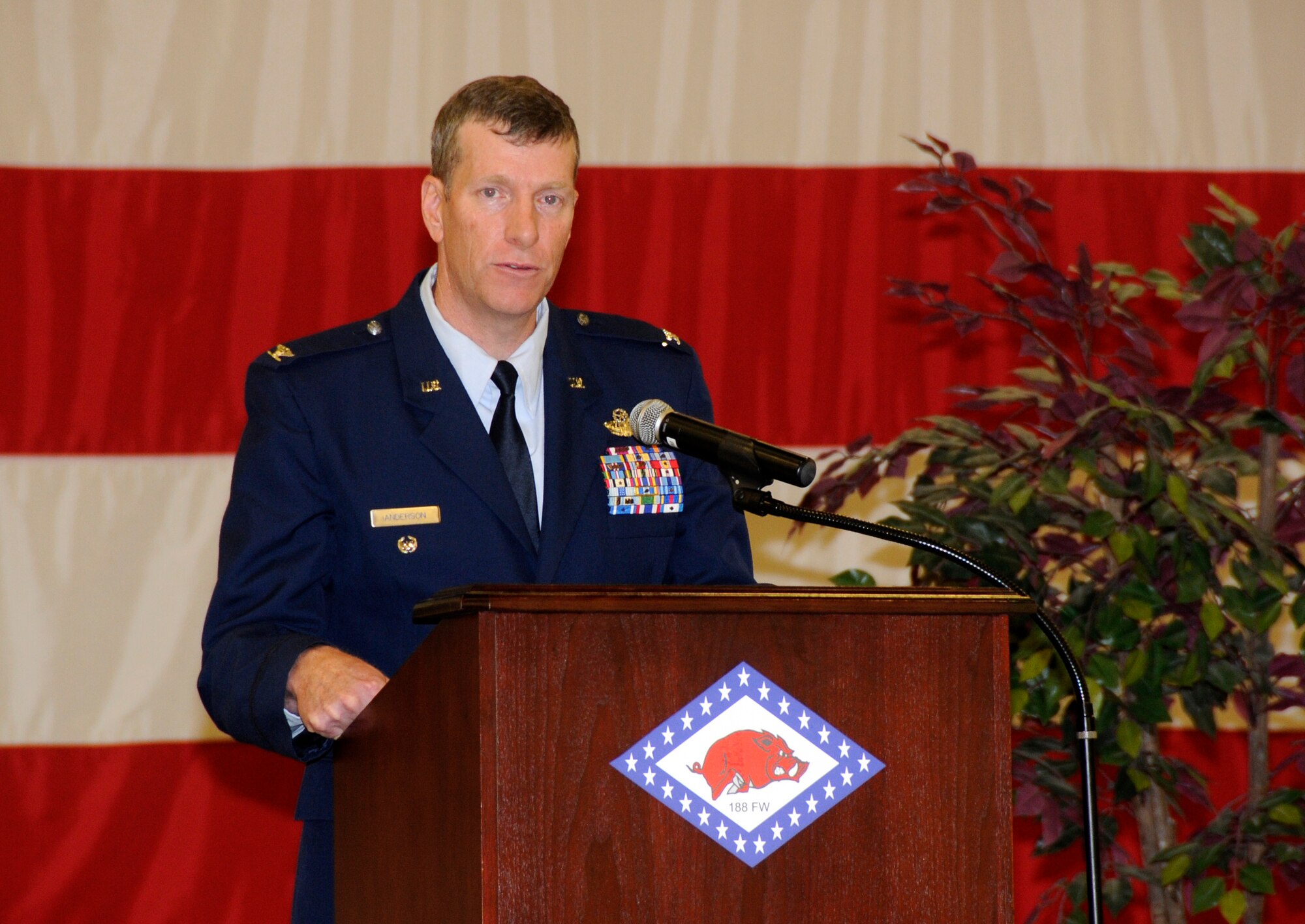 Col. Mark Anderson delivers a speech after taking command of the 188th Fighter Wing during a change-of-command ceremony at the 188th April 14. (National Guard photo by Airman 1st Class Hannah Landeros/188th Fighter Wing Public Affairs)