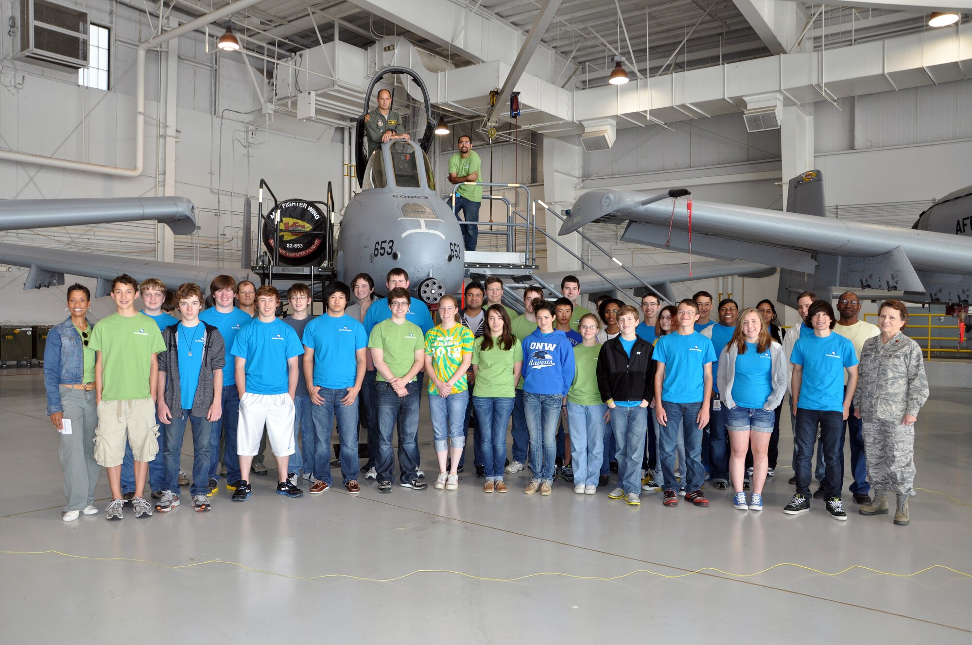 Students from the Blackenbeach chapter of the Young Explorer post toured the 442nd Fighter Wing, April 14, 2012. Students were briefed on the A-10 Thunderbolt II by Lt. Col. Michael "Fresco" Bever, an A-10 pilot. The 442nd FW is an A-10 Air Force Reserve unit at Whiteman Air Force Base, Mo. (U.S. Air Force photo/Senior Airman Wesley Wright)
