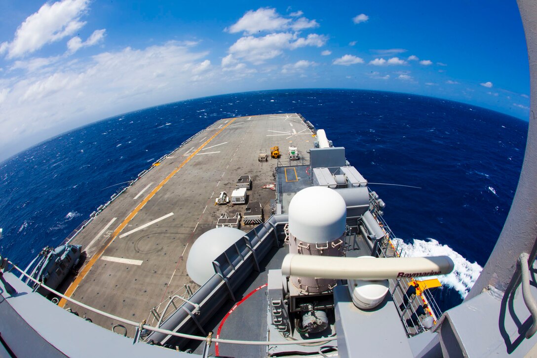 A view of the bow of the USS Wasp (LHD-1) while under way to New Orleans, L.A., April 13, 2012. The 26th MEU is currently providing support to the Commemoration of the Battle of New Orleans. Starting this April and continuing through 2015, the U.S. Navy, U.S. Marine Corps and U.S. Coast Guard will commemorate the Bicentennial of the War of 1812 and the Star Spangled Banner. The War of 1812 celebration will commemorate the rich Naval history and showcase the capabilities of today's Navy-Marine Corps team. (U.S. Marine Corps graphic by Cpl. Christopher Q. Stone/Released)  ::r::::n::::r::::n::