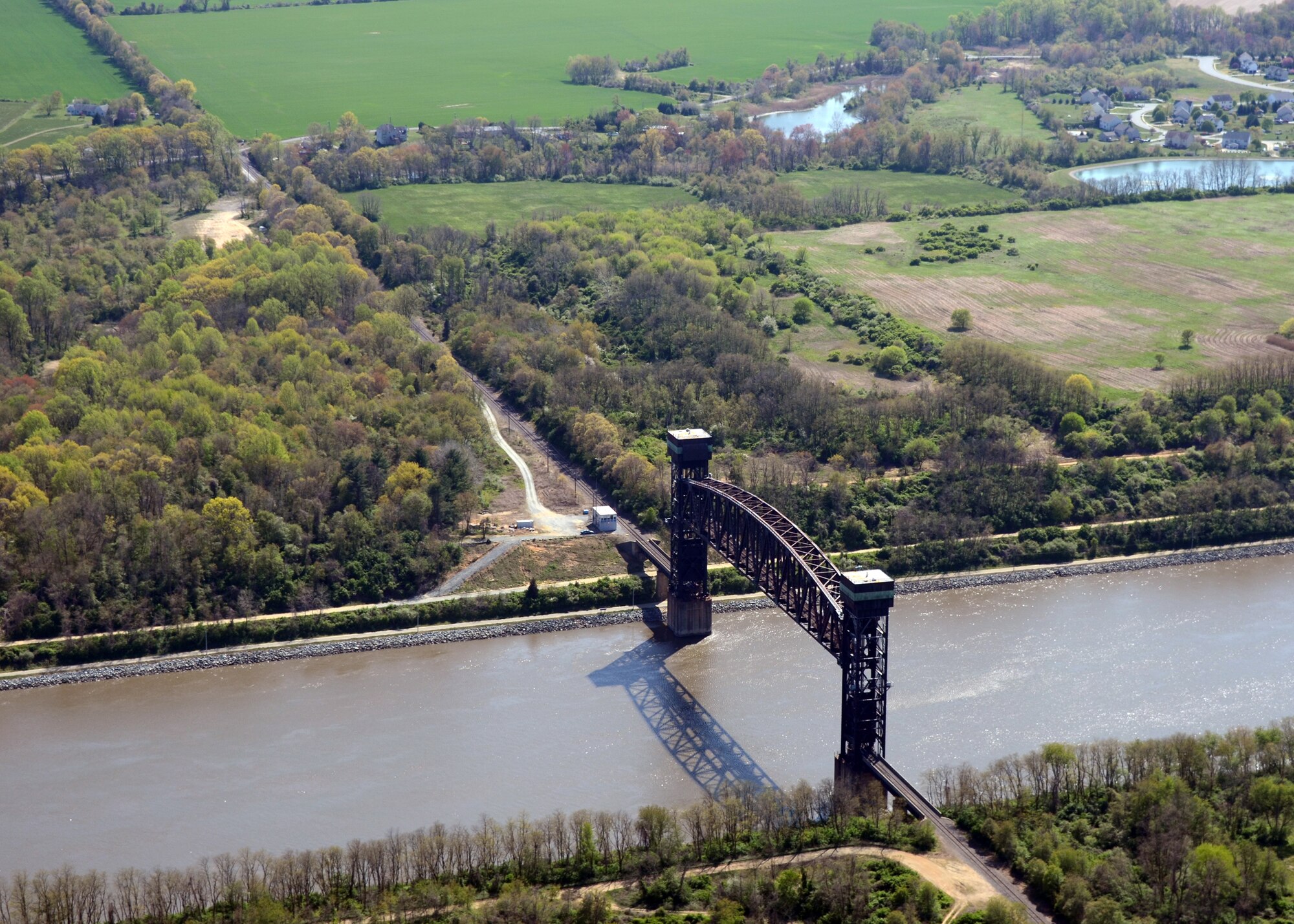 A Maryland Wing Civil Air Patrol GA-8 aircraft flies above the C and D canal, a body of water connecting the Chesapeake and Delaware Bays, for a training mission with the Geospatial Information Interoperability Exploitation-Portable system operated by members of the 175th Wing Communication Squadron, Maryland Air National Guard on April 13, 2012. The GIIEP system gives incident commanders on the ground real time images in emergency situations and the Air and Army National Guard work with the CAP in operating the system. (National Guard Photo By Master Sgt. Ed Bard/RELEASED)
