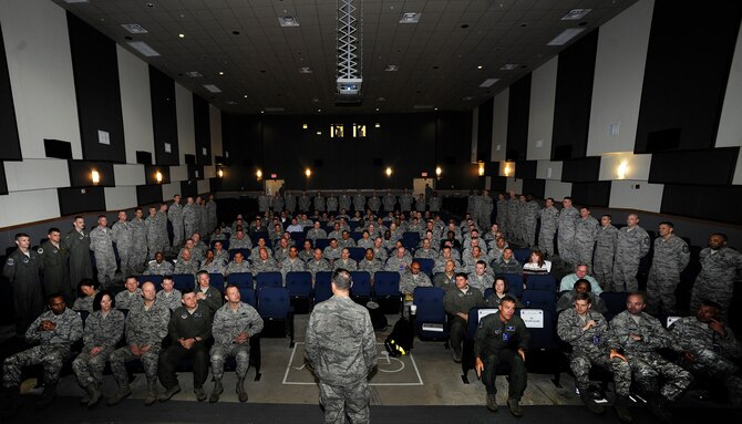 Col. Scott L. Pleus, 8th Fighter Wing commander, welcomes the Pacific Air Forces Inspector General team during a briefing at Kunsan Air Base, Republic of Korea, April 15, 2012. The PACAF IG team will be with the Wolf Pack for two weeks conducting a Compliance Inspection.