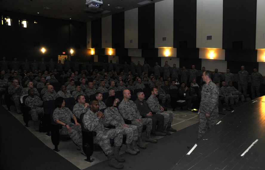 Col. Scott L. Pleus, 8th Fighter Wing commander, welcomes the Pacific Air Forces Inspector General team during a briefing at Kunsan Air Base, Republic of Korea, April 15, 2012. The PACAF IG team will be with the Wolf Pack for two weeks conducting a Compliance Inspection.