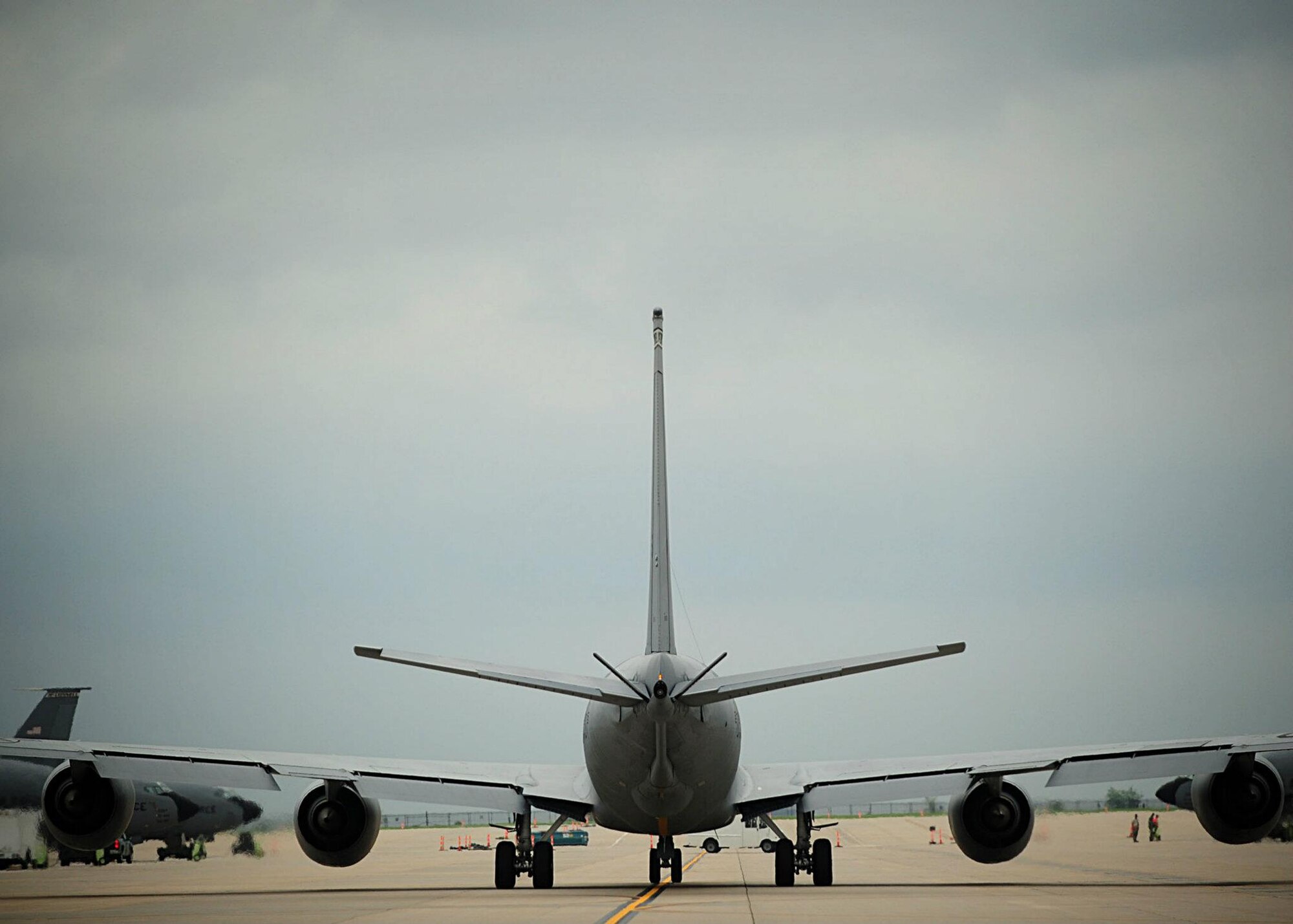 A KC-135 Stratotanker taxis on McConnell’s flightline April 14, 2012, McConnell Air Force Base, Kan. Following a weather warning indicating a potential of strong hail and tornados, senior leaders elected to relocate 16 aircraft and place 10 in hangers.  (U.S. Air Force photo/ Senior Airman Courtney Witt)

