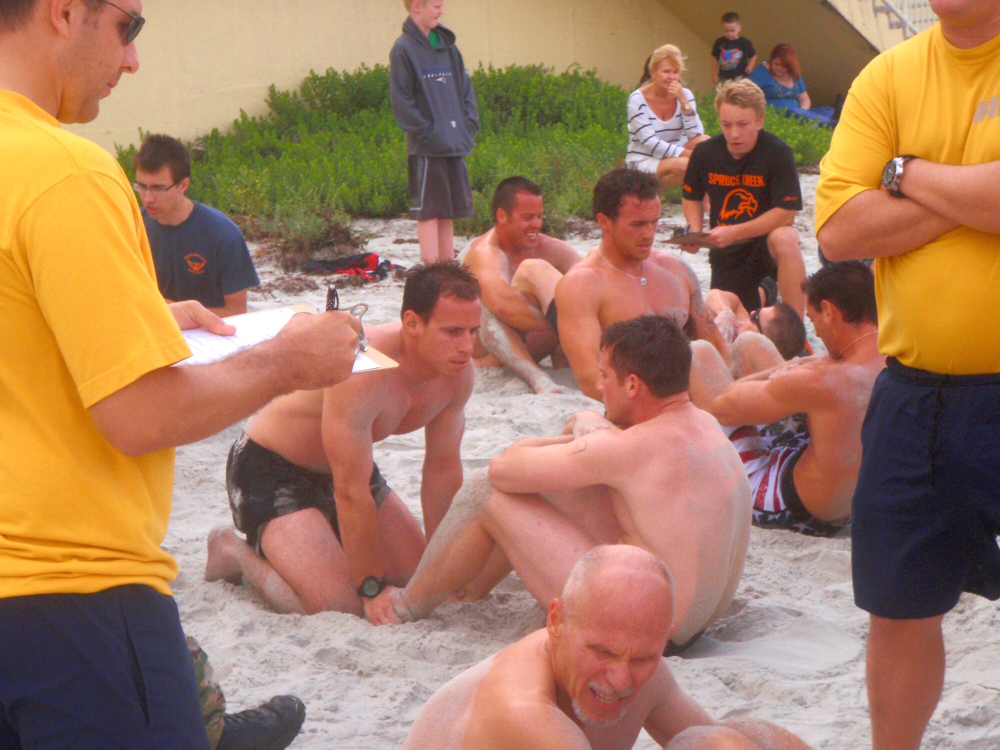 Nine Air Force Reserve pararescue Airmen from the 920th Rescue Wing, Patrick Air Force Base, Fla. participated in the annual Battle of the Beach competition April 14. They were among 60 participants who competed in a difficult physical challenge in the soft sand of Daytona Beach, Fla. to work on their team building skills as part of the toughest career in the Air Force. (U.S. Air Force photo/Tech. Sgt. Adrian Durham)