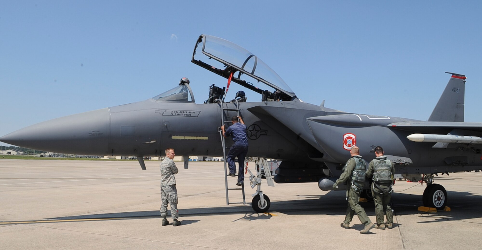 Airmen from the 4th Fighter Wing perform a final inspection on an F-15E Strike Eagle on Seymour Johnson Air Force Base, N.C., April 13, 2012. Prior to takeoff, aircraft must be inspected to ensure structural and functional integrity. Performing final inspections is the responsibility of both maintainers and pilots. (U.S. Air Force photo/Airman 1st Class Aubrey Robinson/Released)