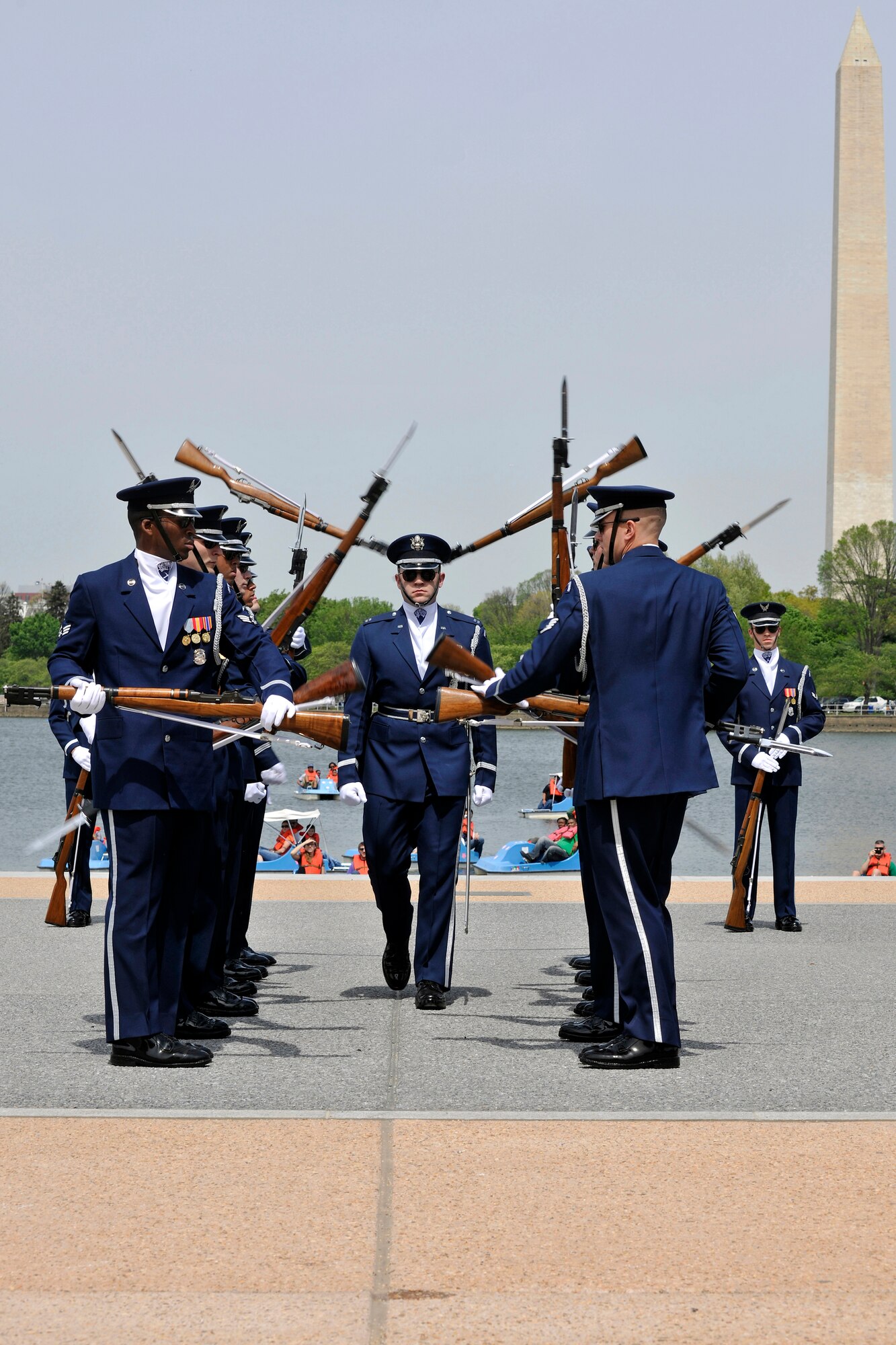 The United States Air Force Honor Guard Drill Team competes during the Joint Service Drill Exhibition on April 14 at the Jefferson Memorial in Washington, D.C. Drill teams from all four branches of the American armed services competed at the event.  (U.S. Air Force Photo/Senior Airman Perry Aston)