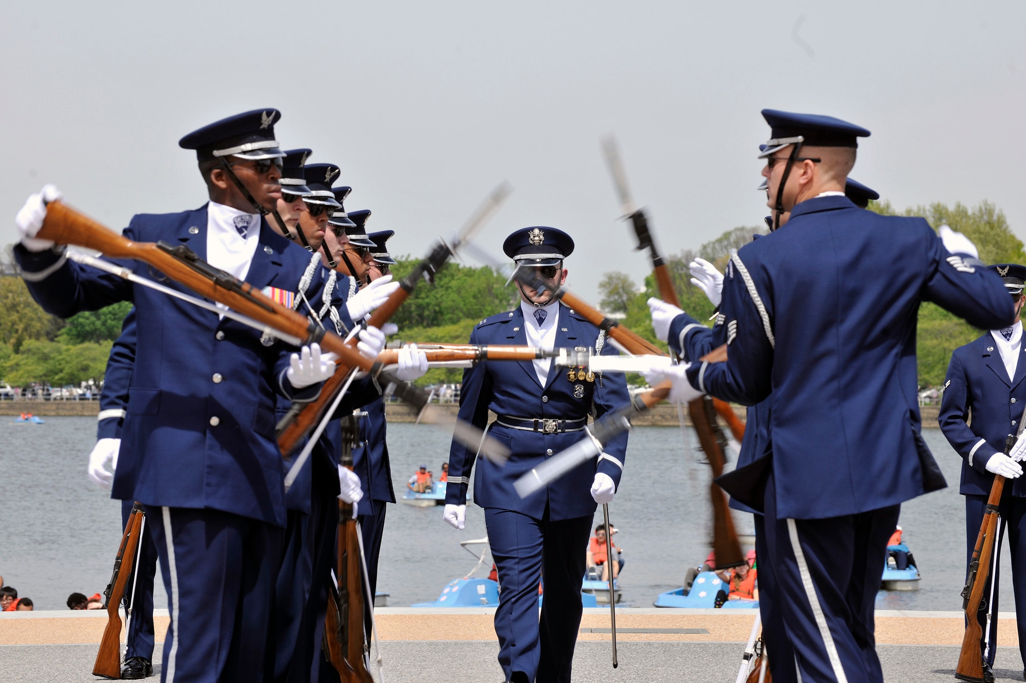 The United States Air Force Honor Guard Drill Team competes during the Joint Service Drill Exhibition on April 14 at the Jefferson Memorial in Washington, D.C. Drill teams from all four branches of the American armed services competed at the event.  (U.S. Air Force Photo/Senior Airman Perry Aston)