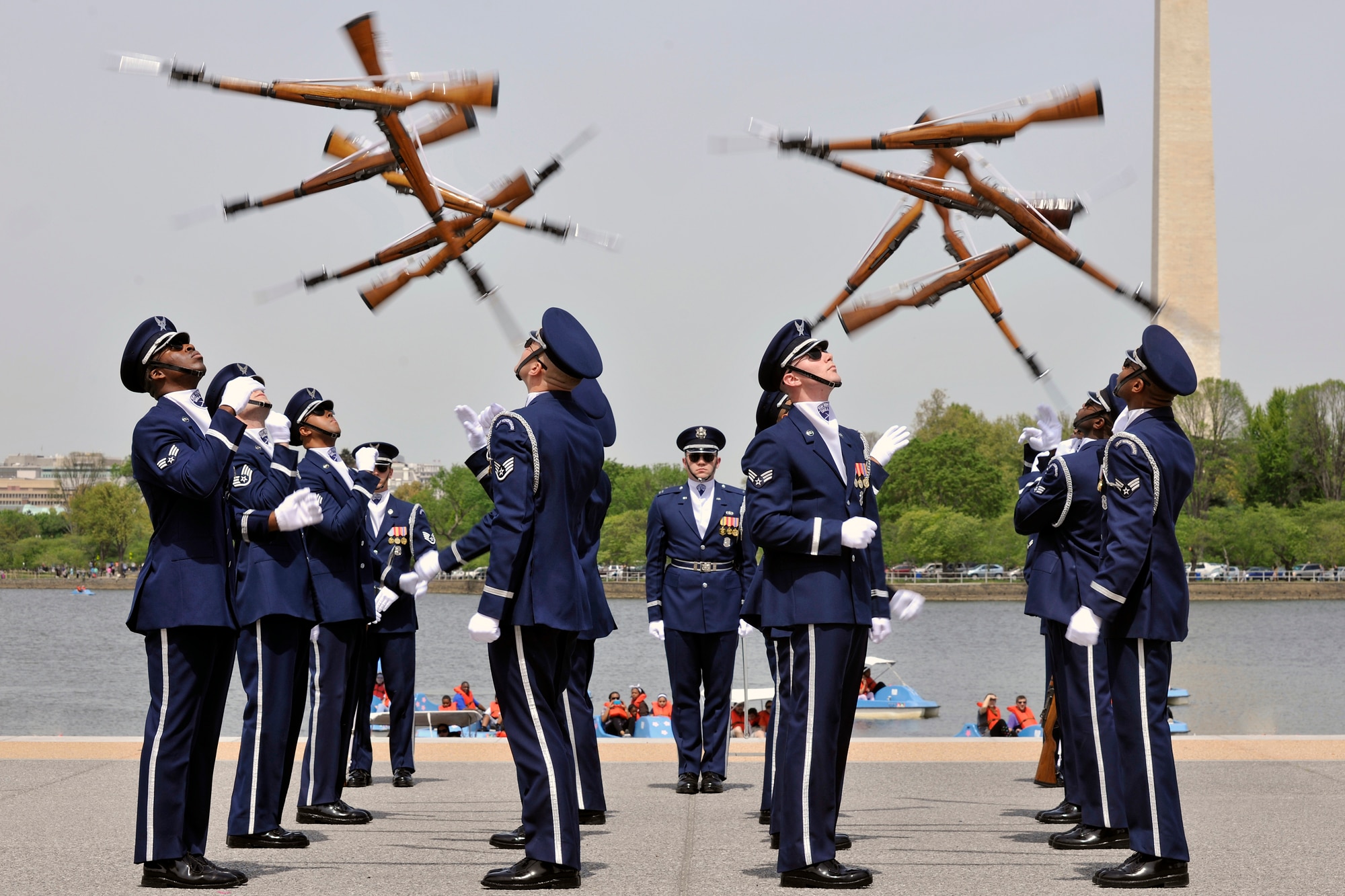 The United States Air Force Honor Guard Drill Team competes during the Joint Service Drill Exhibition on April 14 at the Jefferson Memorial in Washington, D.C. Drill teams from all four branches of the American armed services competed at the event.  (U.S. Air Force Photo/Senior Airman Perry Aston)