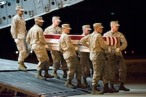 A U.S. Marine Corps carry team transfers the remains of Lance Cpl. Abraham Tarwoe of Providence, R.I., at Dover Air Force Base, Del., April 16, 2012. Tarwoe was assigned to the 2nd Battalion, 9th Marine Regiment, 2nd Marine Division, II Marine Expeditionary Force, Camp Lejeune, N.C. (U.S. Air Force photo/Adrian R. Rowan)
