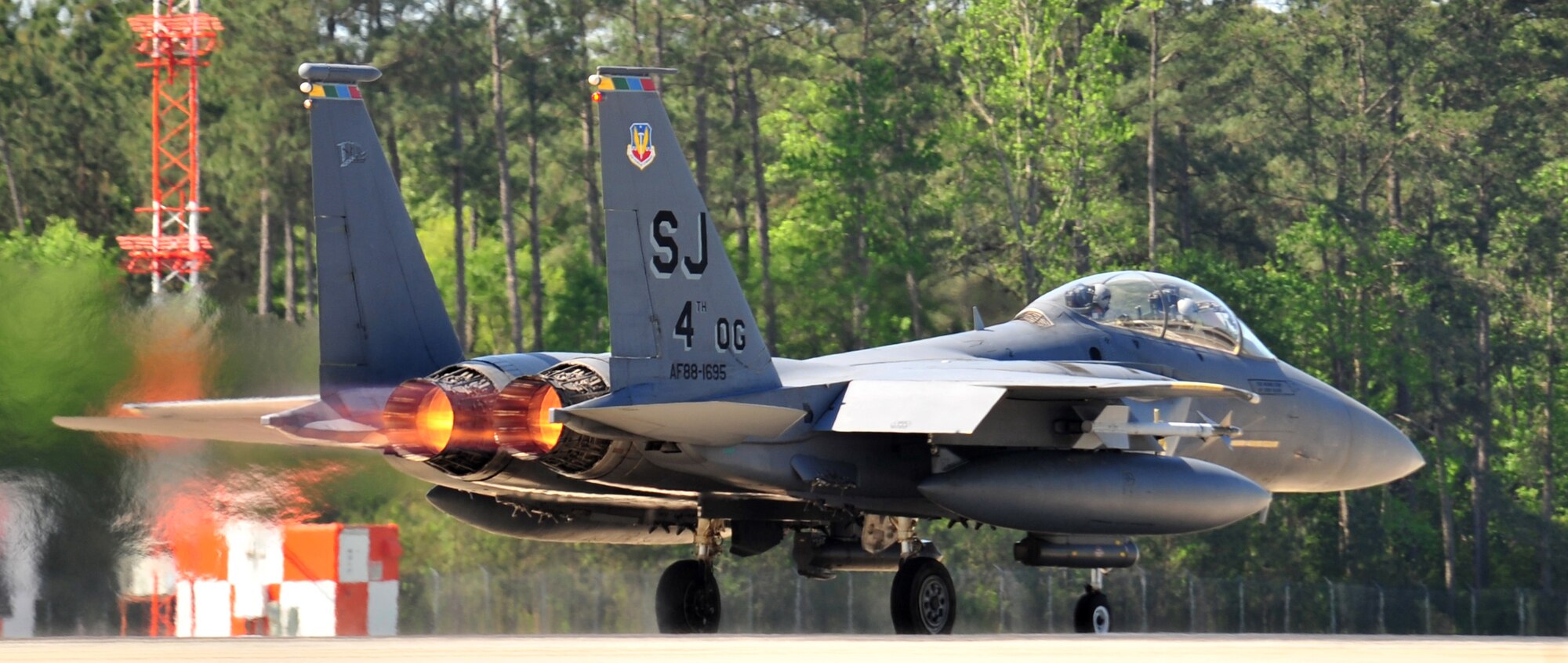 An F-15E Strike Eagle takes off during a “Turkey Shoot” training mission on Seymour Johnson Air Force Base, N.C., April 16, 2012. The term "Turkey Shoot" dates back to a mission that took place June 19, 1944 during World War II. The aircrews are assigned to the 4th Fighter Wing’s 333rd, 334th, 335th, and 336th Fighter Squadrons. (U.S. Air Force photo/Staff Sgt. Makenzie Lang/Released)