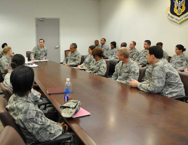 General Ronald B. Miller, 301st Fighter Wing commander, and wing members met Sunday, April 15 as part of Wingman Day activities. During the gathering, members were encouraged to seek a healthy balance in each of the four pillars of wellness. Members also learned of valuable resources available to them, such as Military OneSource. (U.S. Air Force photo/SrA Melissa Harvey)