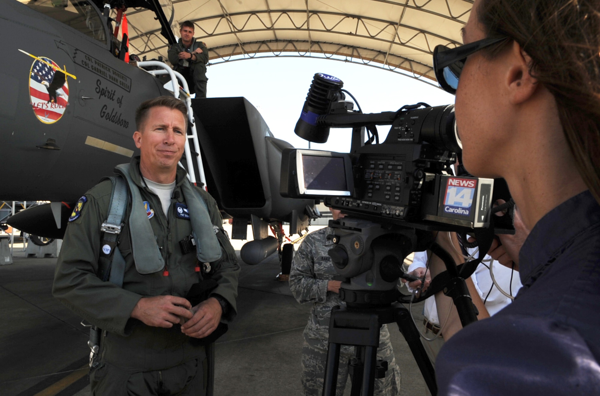 U.S. Air Force Col. Patrick Doherty answers questions for News 14 Carolina during a media interview prior to taking off for a “Turkey Shoot” training mission on Seymour Johnson Air Force Base, N.C., April 16, 2012. The term Turkey Shoot dates back to a mission that took place June 19, 1944 during World War II. (U.S. Air Force photo/Airman 1st Class Aubrey Robinson/Released)