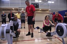 MINOT AIRFORCE BASE, N.D -- Olympic Rowing team members, Sean Colgan and Dan Beery, host a rowing demonstration and open forum at the McAdoo Sports and Fitness Center April 2. As part of American300 Foundation’s Never Quit Series Tour, the speakers visited with members of the 91st Missile Wing and took part in a pre kick-off showcase for the month-long command-wide rowing challenge. (U.S. Air Force photo/Senior Airman Desiree Esposito)

 

