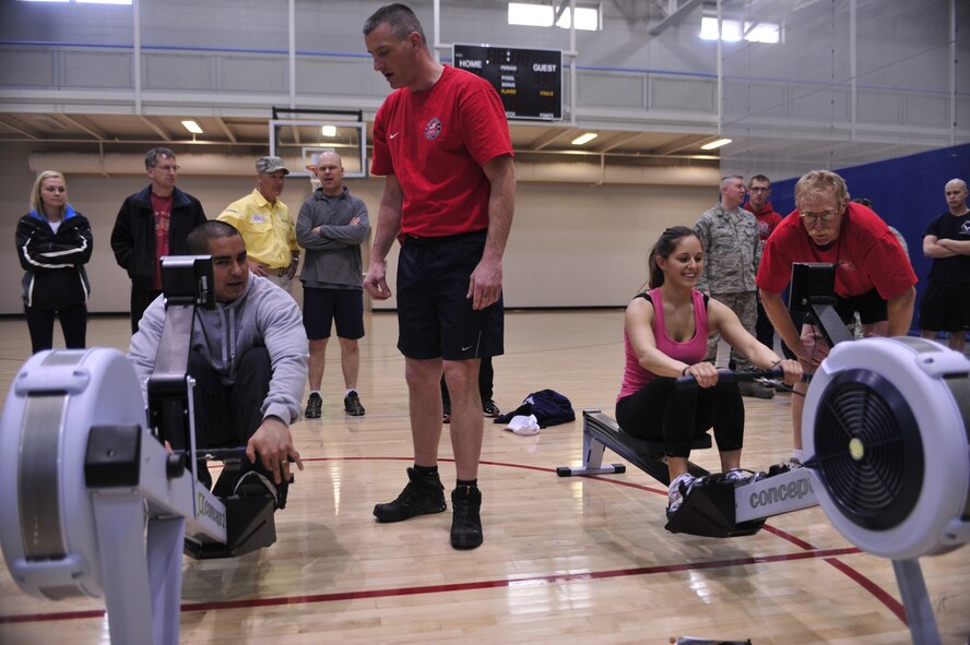 MINOT AIRFORCE BASE, N.D -- Olympic Rowing team members, Sean Colgan and Dan Beery, host a rowing demonstration and open forum at the McAdoo Sports and Fitness Center April 2. As part of American300 Foundation’s Never Quit Series Tour, the speakers visited with members of the 91st Missile Wing and took part in a pre kick-off showcase for the month-long command-wide rowing challenge. (U.S. Air Force photo/Senior Airman Desiree Esposito)

 

