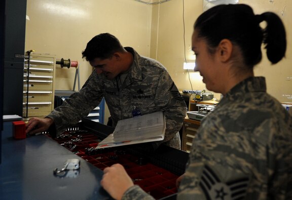 Pacific Air Forces Inspector General team member Master Sgt. Kevin Charrier, left, ensures the number of parts in each container matches inventory as Staff Sgt. Katherine Andrews, 80th Aircraft Maintenance Unit support, observes, April 16, 2012, on Kunsan Air Base, Republic of Korea. Over the next two weeks during the Compliance Inspection, the IG team will test the Wolf Pack’s ability to complete both peacetime and wartime missions. (U.S. Air Force photo/Senior Airman Brigitte N. Brantley)