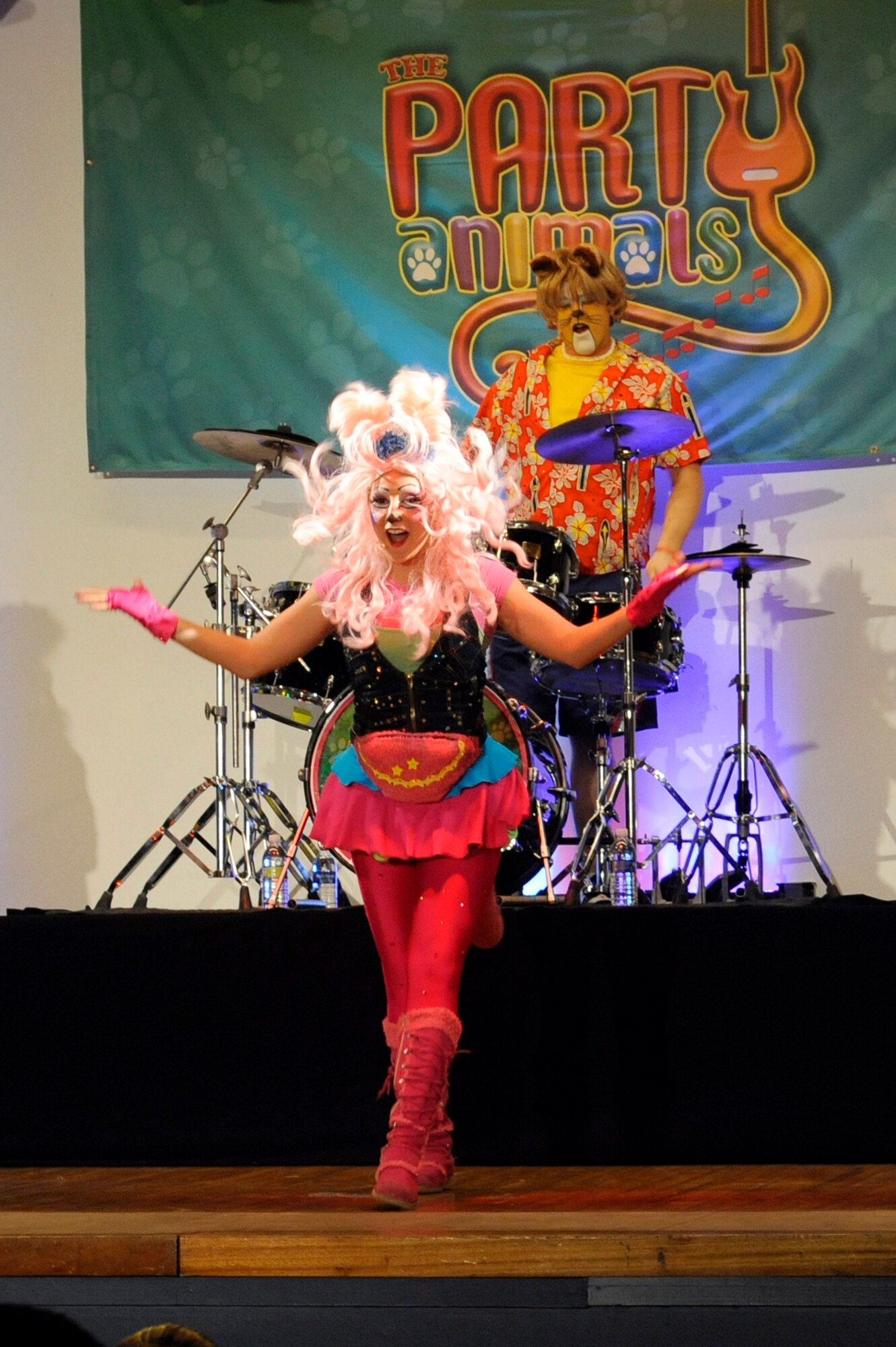 Kaiya the Kangaroo performs during a live Party Animals concert at Misawa Air Base, Japan, April 15, 2012. The Party Animals is a band of four dressed as animals who play rock and roll music for kids. The Party Animals performed at Misawa Air Base as part of an Armed Forces Entertainment show for The Month of the Military Child. (U.S. Air Force photo by Tech. Sgt. Marie Brown/Released)
