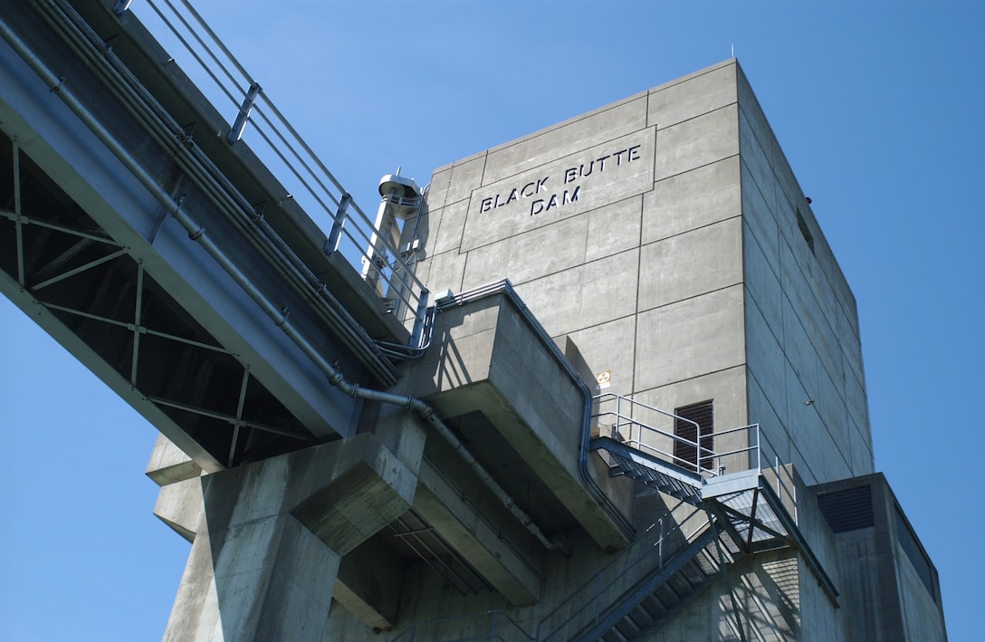 View from the water -- looking up at Black Butte Dam  