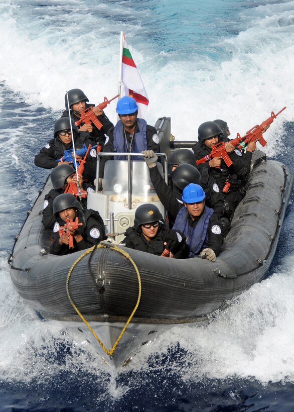 Indian sailors conduct a training exercise as part of Malabar 2012 in the Indian Ocean, April 12, 2012. 