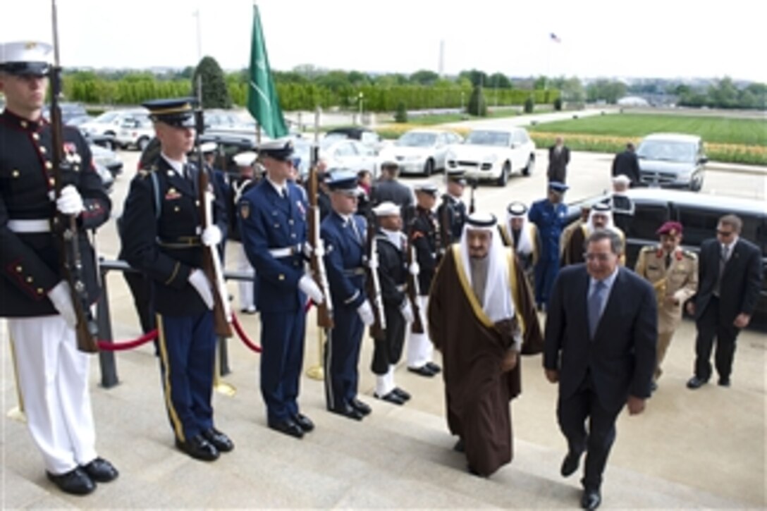 Secretary of Defense Leon E. Panetta escorts Saudi Arabian Minister of Defense Prince Salman bin Abd al-Aziz Al Saud through an honor cordon and into the Pentagon on April 11, 2012.  