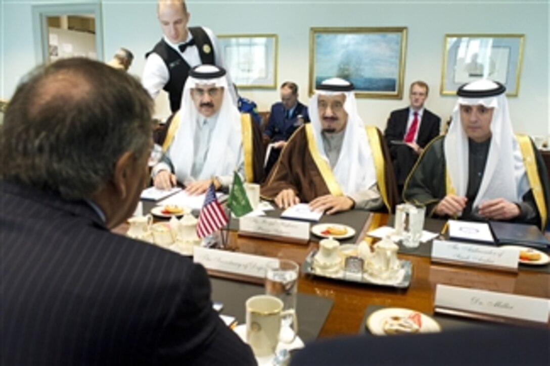 Secretary of Defense Leon E. Panetta meets with Saudi Arabian Minister of Defense Prince Salman bin Abd al-Aziz Al Saud in the Pentagon on April 11, 2012.  