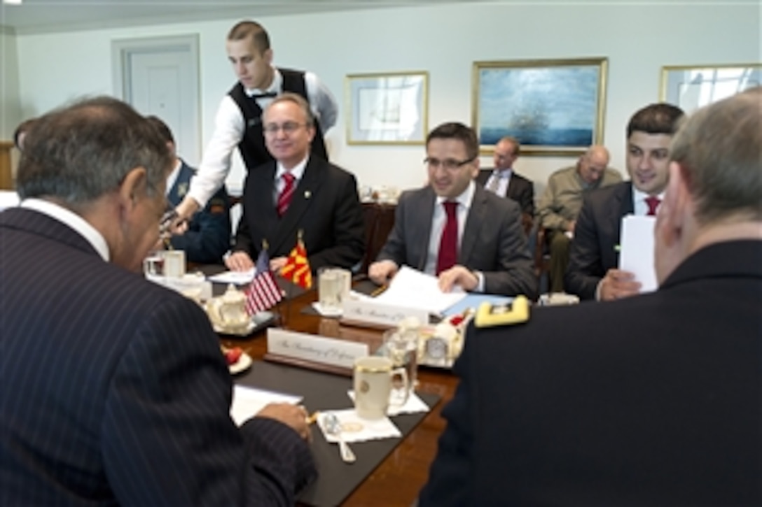 Secretary of Defense Leon E. Panetta meets with the Defense Minister of Macedonia Fatmir Besimi in the Pentagon on April 16, 2012.  