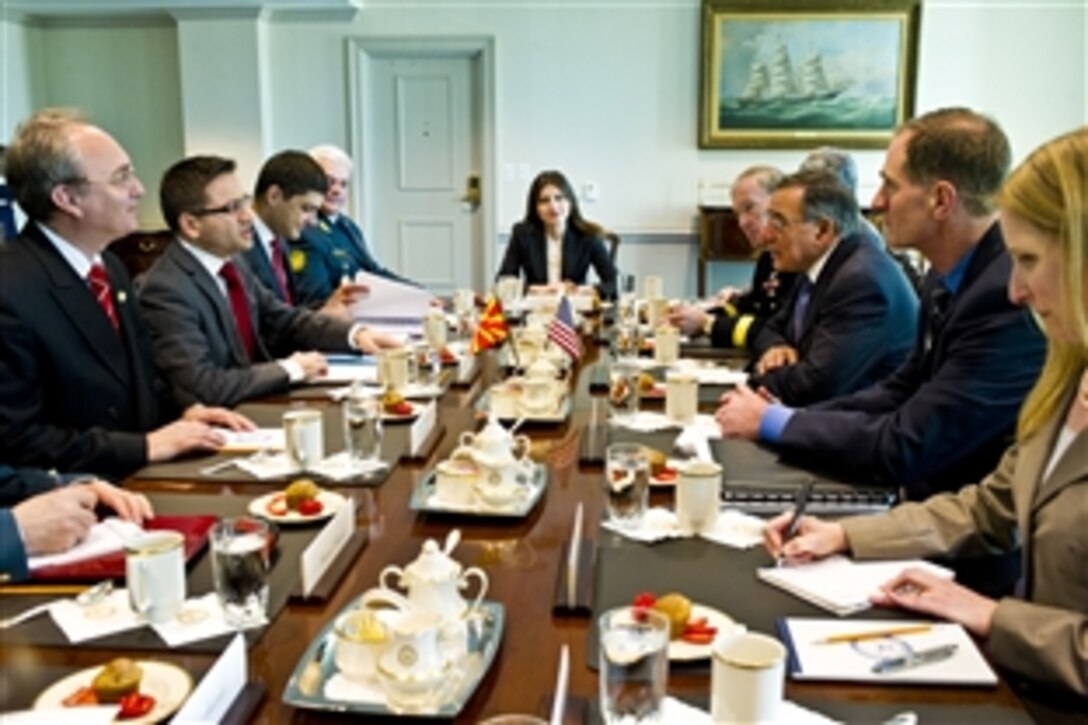 U.S. Defense Secretary Leon E. Panetta, center right, meets with Republic of Macedonia's Defense Minister Fatmir Besimi, center left, at the Pentagon, April 16, 2012. The two leaders met to discuss defense issues of mutual concern.