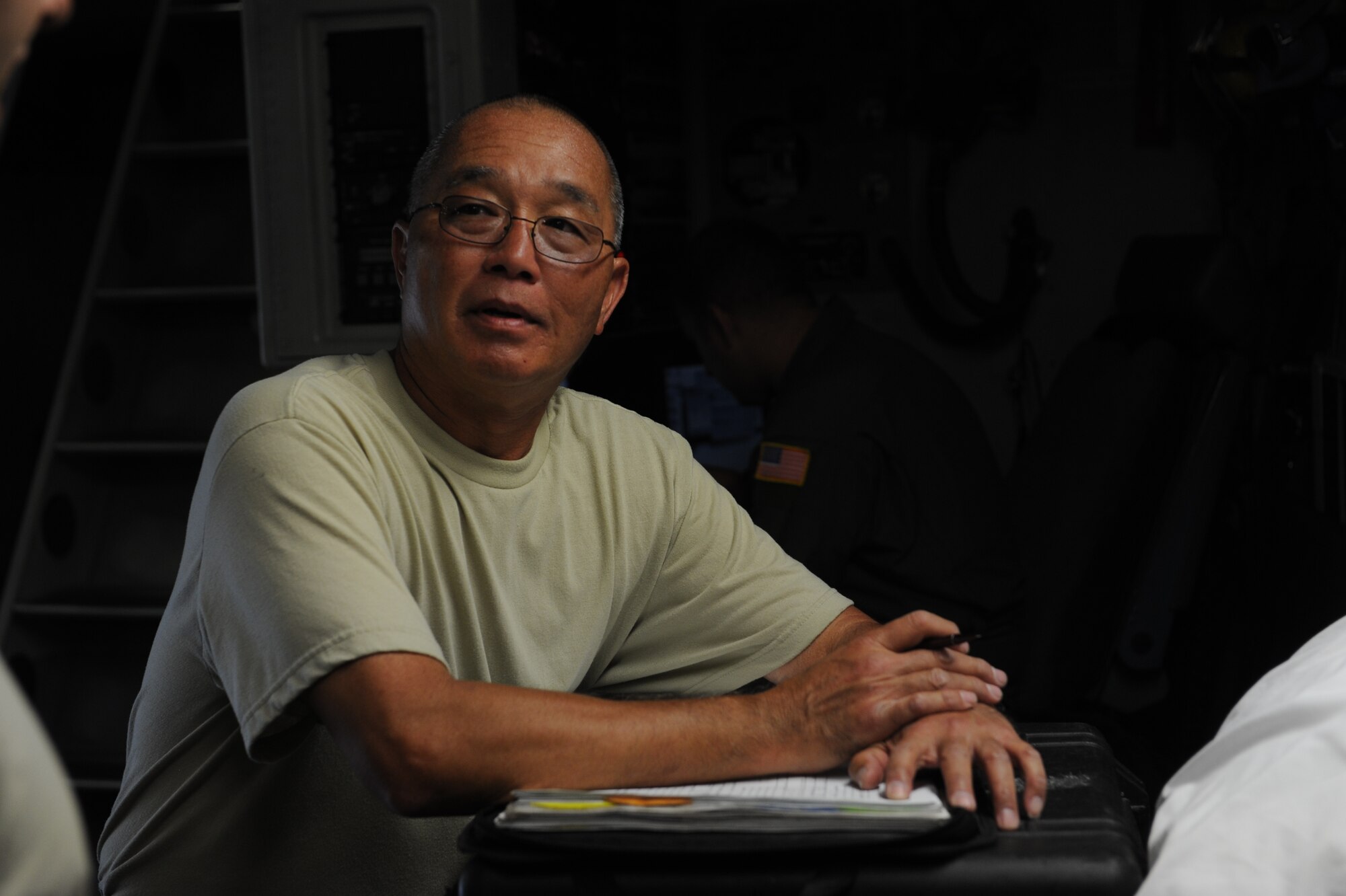 Tech. Sgt. Miles Nakamura, 154th Aircraft Maintenance Squadron flying crew chief, documents the results of pre-flight maintenance on a C-17 Globemaster III from the 535th Airlift Squadron at Joint Base Pearl Harbor Hickam, Hawaii, April 6 at Andersen Air Force Base, Guam, while on on a five-day mission to fly, execute airdrops, and foster joint service and international operability in the Pacific theater. During the mission, the aircrew dropped static-line personnel, heavy equipment platforms, high-velocity container delivery system bundles, low-velocity CDS bundles, and High-Altitude Low-Opening jumpers during their time in Guam. (U.S. Air Force photo by Staff Sgt. Nathan Allen)