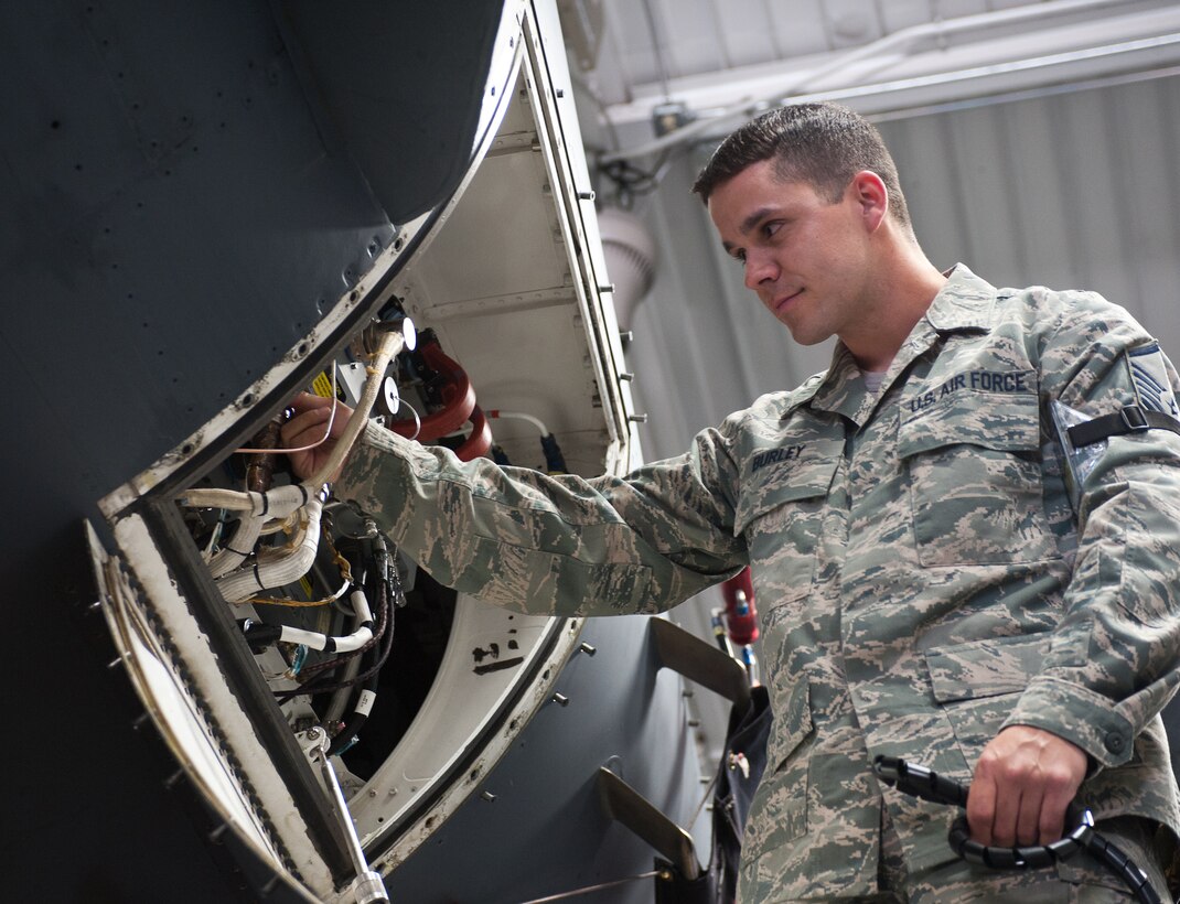 Master Sgt. Richard Burley, 28th Maintenance Group wing avionics manager, performs a quality control check during an equipment upgrade to a B-1 bomber’s radar system at Ellsworth Air Force Base, S.D., April 11, 2012. These radar system upgrades are done to update electronic systems to newer and lighter versions that save maintenance time while increasing the reliability of the system. (U.S. Air Force photo by Airman 1st Class Alystria Maurer/Released)