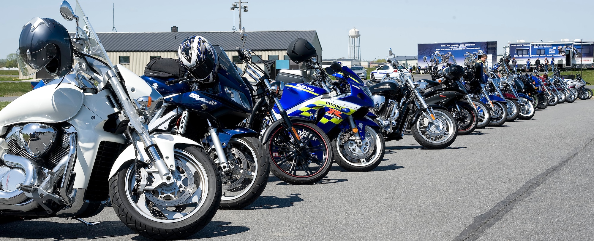 Motorcycles are parked at Motorcycle Safety Day April 13, 2012, at Dover Air Force Base, Del. Motorcycle Safety Day is a yearly event held to ensure riders and motorists stay safe on the road. (U.S. Air Force photo by Adrian R. Rowan)