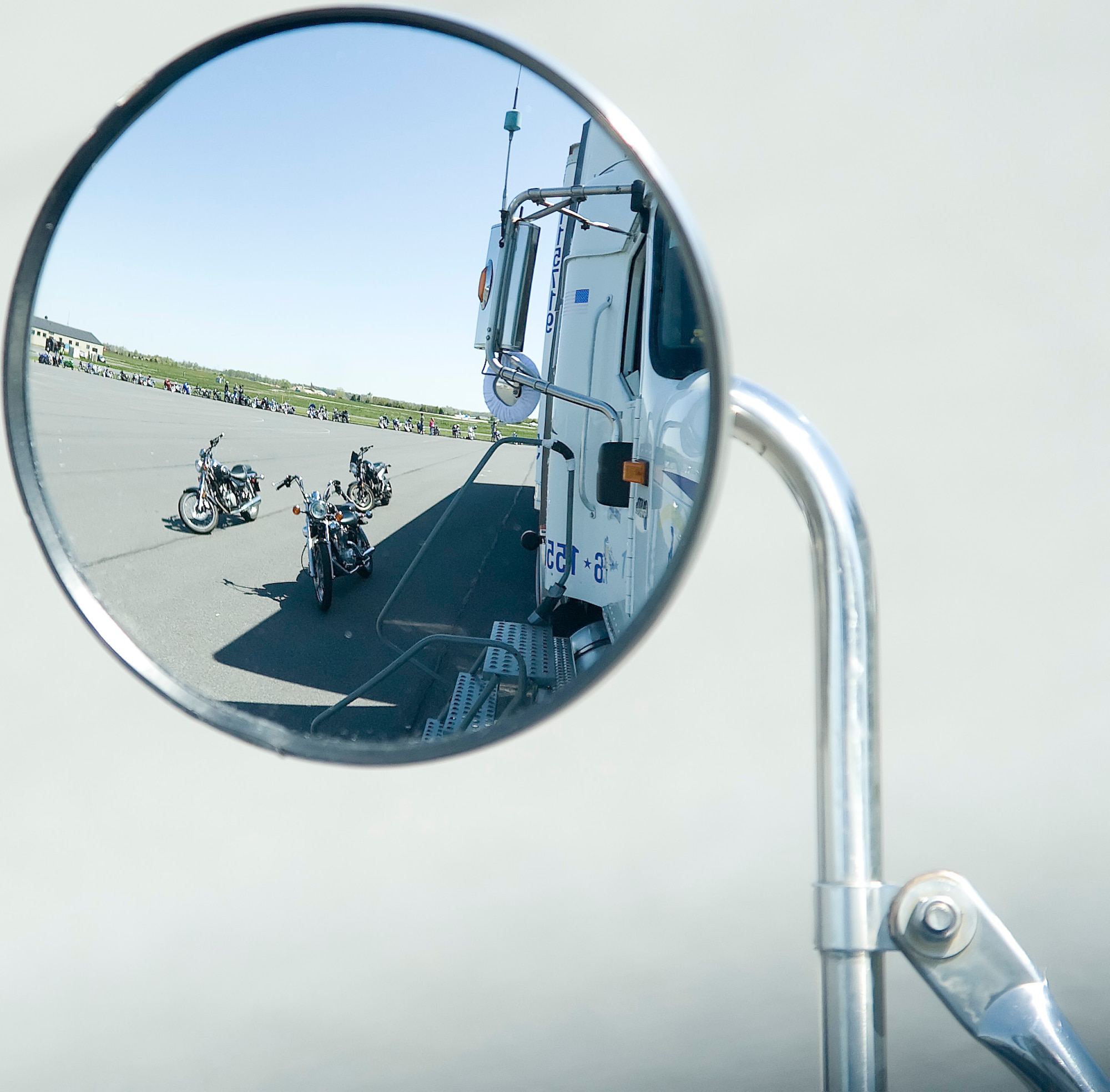 The no-zone truck reveals blind spots of tractor-trailer drivers during Motorcycle Safety Day April 13, 2012, at Dover Air Force Base, Del. Motorcycle Safety Day is a yearly event held to ensure riders and motorists stay safe on the road. (U.S. Air Force photo by Adrian R. Rowan)